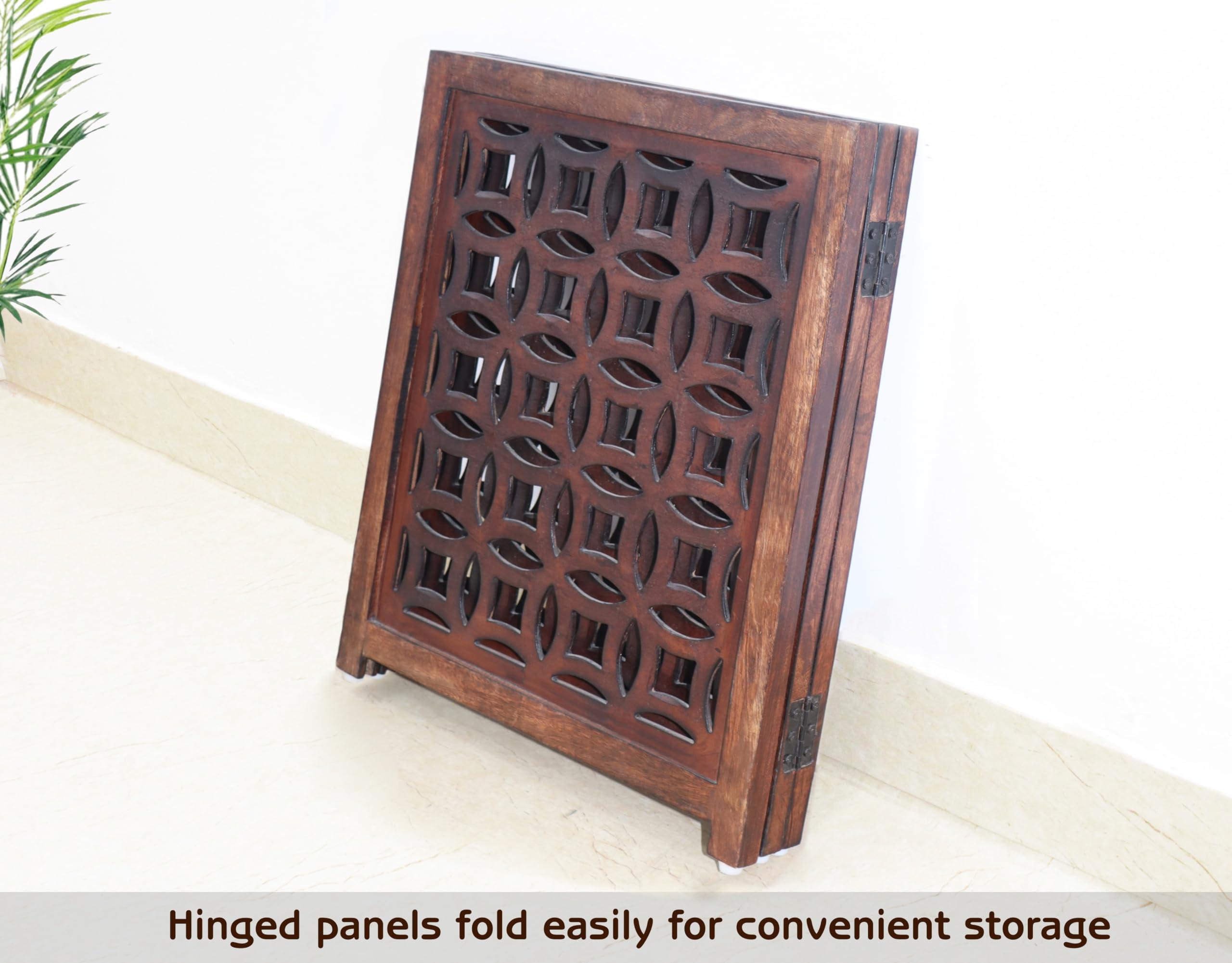 IRONGATE Wooden Foldable Pet Dog Safety Gate - 3 Panels, 20"W x 24"H, Antique Brown, Hand-Carved Solid Wood, Free Standing, Model 20153