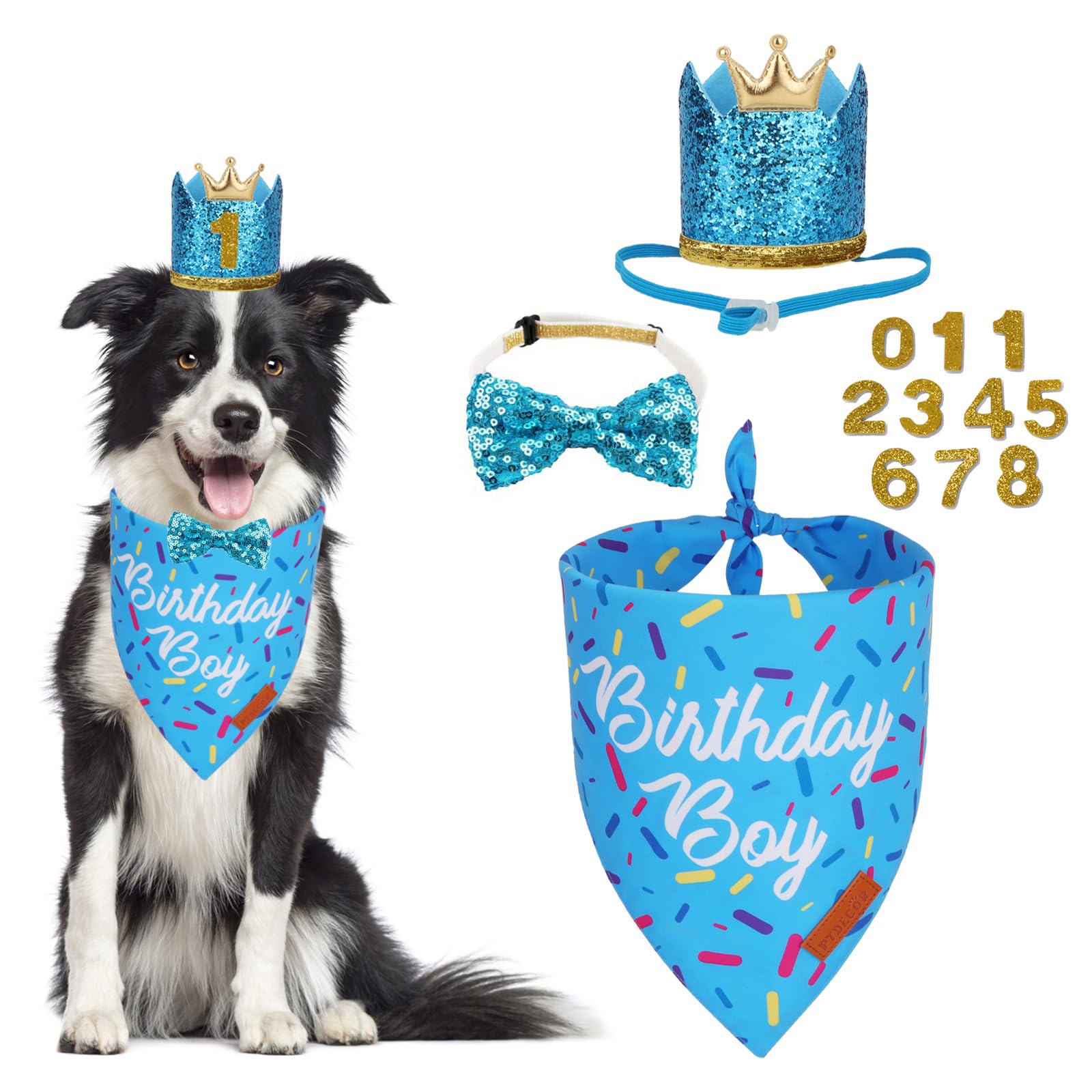 Ptdecor Dog Birthday Party Supplies, Multi Size Birthday Boy Bandana, Blue Crowns Dog Hat Set For Medium Large Pets (Large)