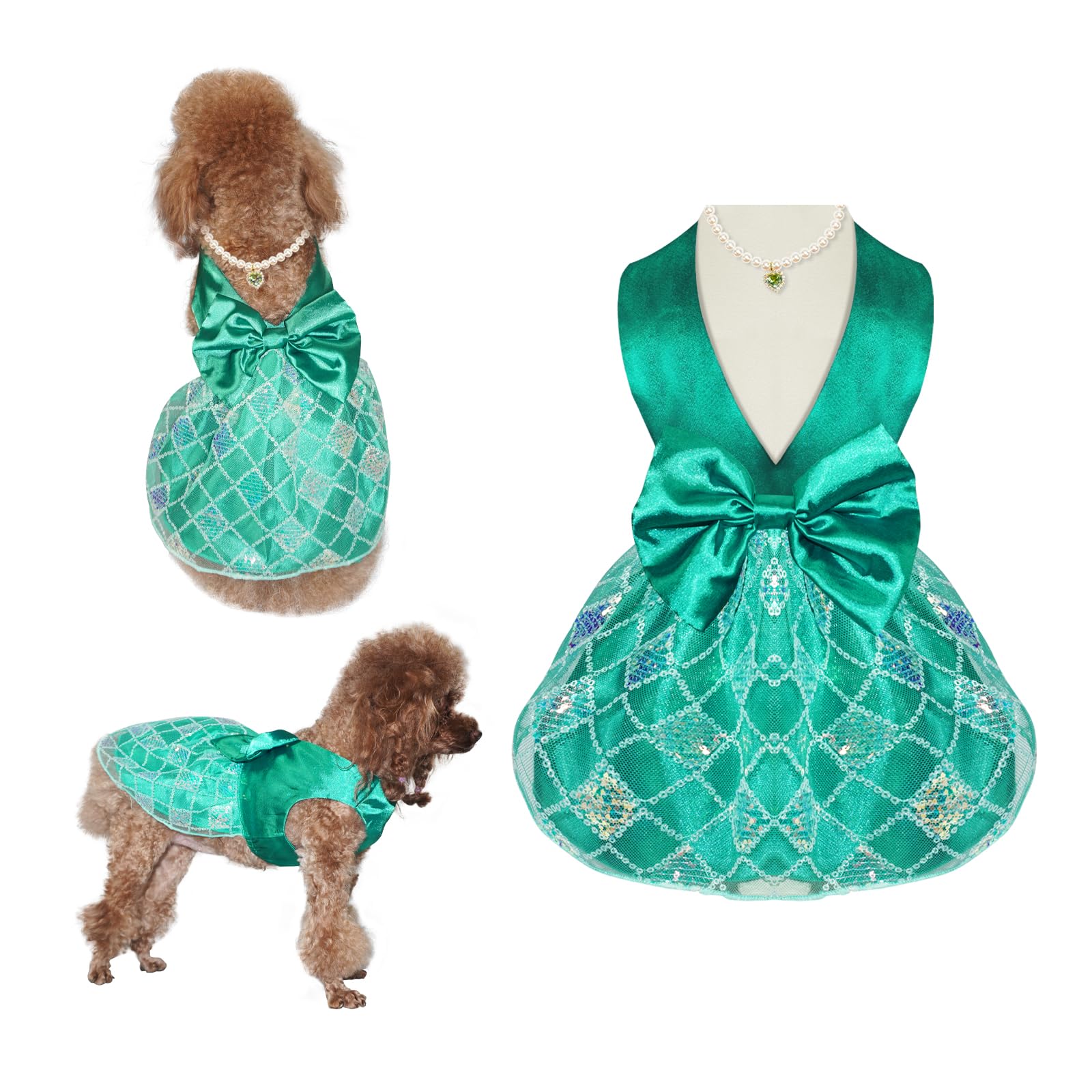 Topkins Dog Dresses, Breathable Dog Dress For Medium Small Dog, Pet Silk Dress With Pearl Necklace, Doggy Party Dress With Sequi