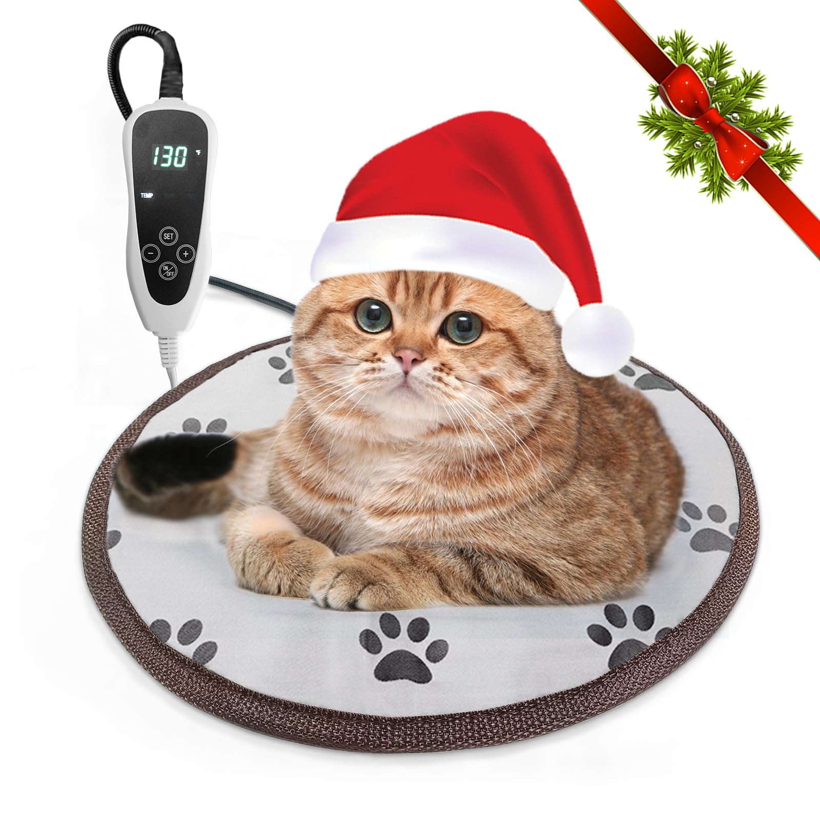 Golopet Cat Heating Pad Round-D16In Pet Heating Pads For Cats Waterproof Smart Thermostat Switch, Adjustable Heated Cat Bed,Adding Wire Rope Wires Cat Warming Pad-Paw Print