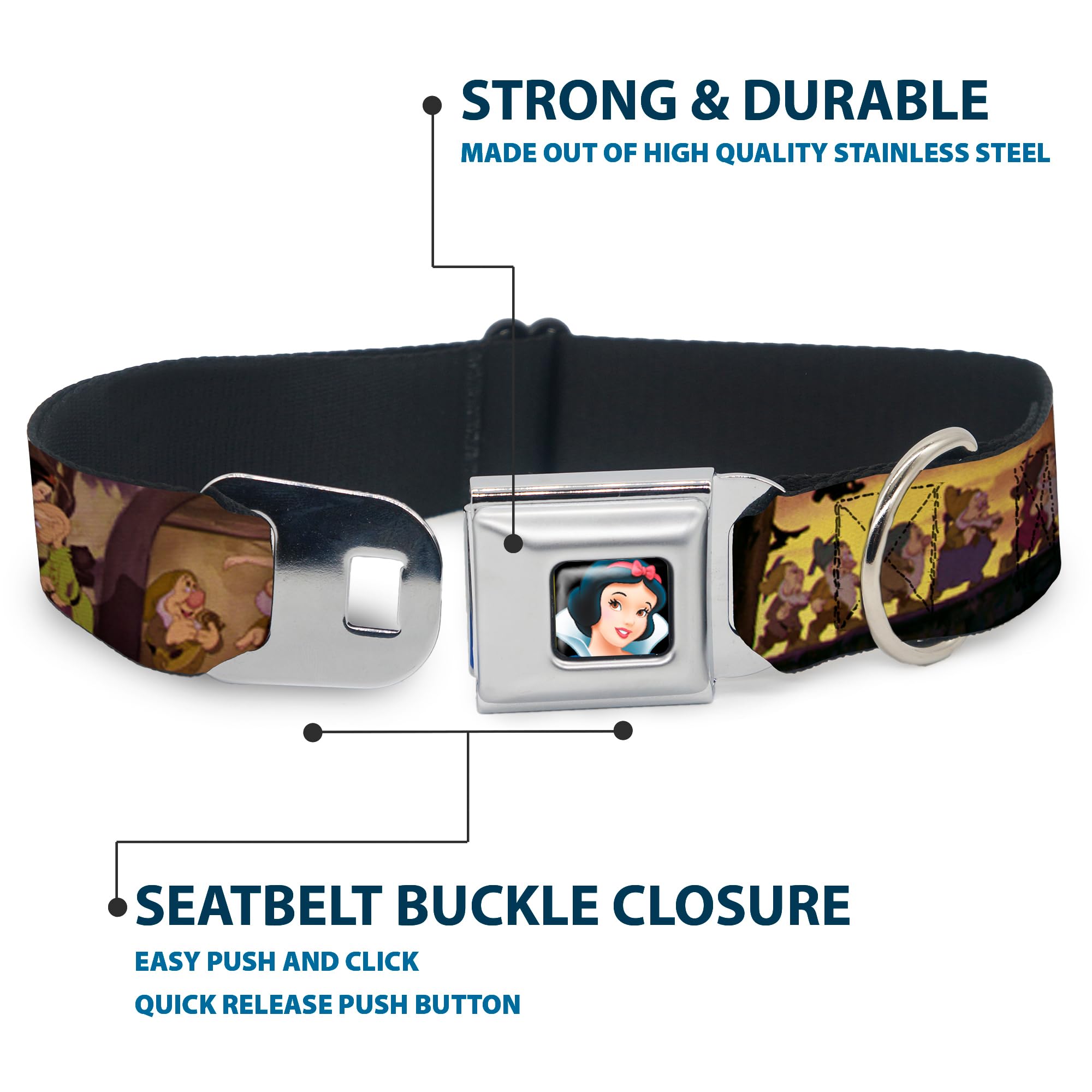 Buckle-Down Dog Collar Dyv-Snow White Full Color Black - Snow White & The Seven Dwarfs Scenes - Wide-Small 13-18'