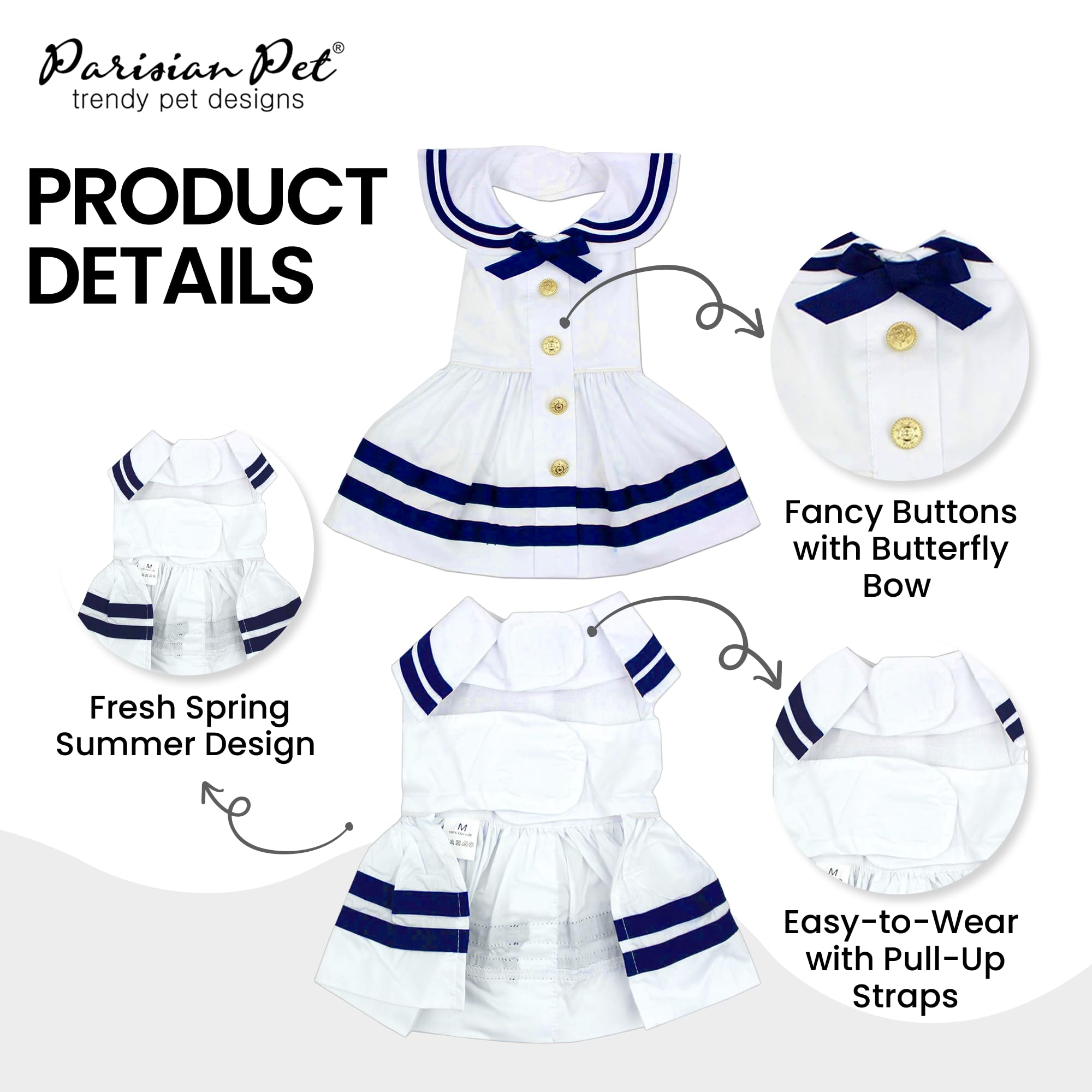 Parisian Pet Dog Dress - Lightweight Cotton Sailor Outfit - Breathable 3XL White and Blue Dress for Girls