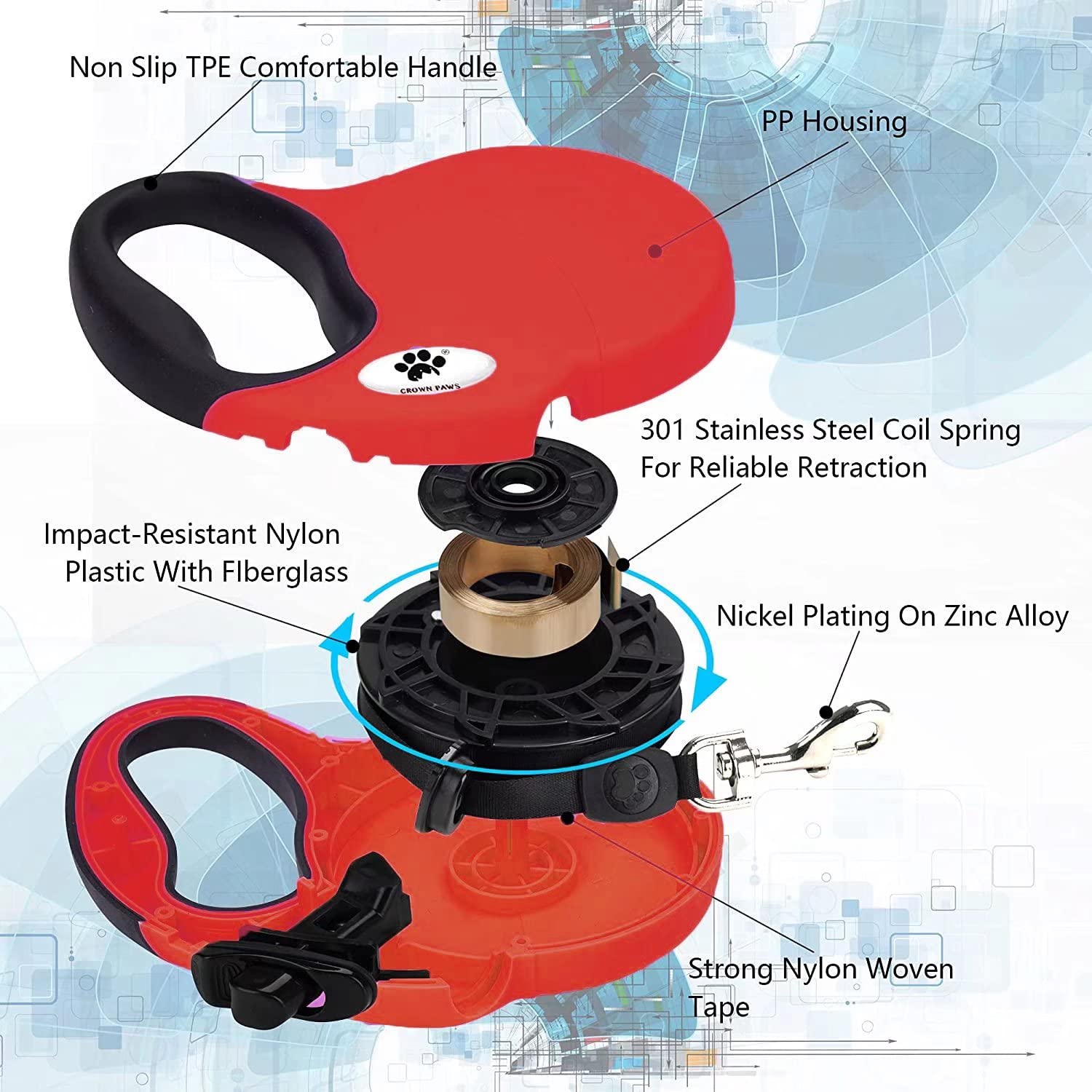 CROWN PAWS 16ft Retractable Dog Leash for Large Dogs up to 110 lbs, Red, with Chew Proof Extender Wire Ropes