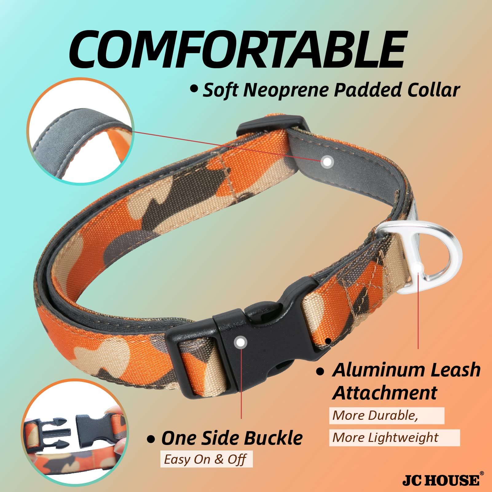 Jc House Soft Padded Dog Collar, Neck 16-25, Adjustable Heavy Duty Collar With 3M Reflective Logo For Medium, Large Dogs, Camo O