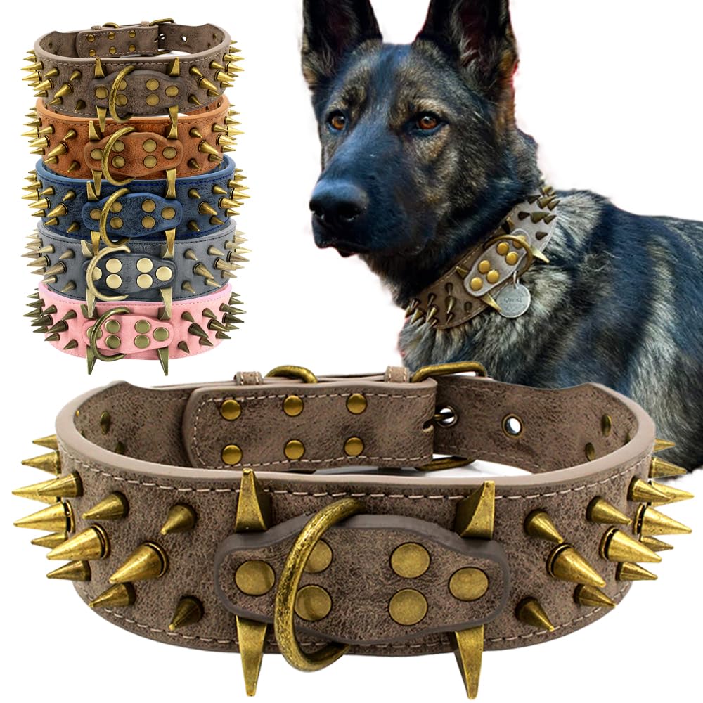 The Mighty Large Spiked Studded Dog Collar - Protect Your Dog'S Neck From Bites, Durable & Stylish, For Large Dogs (Grey S)