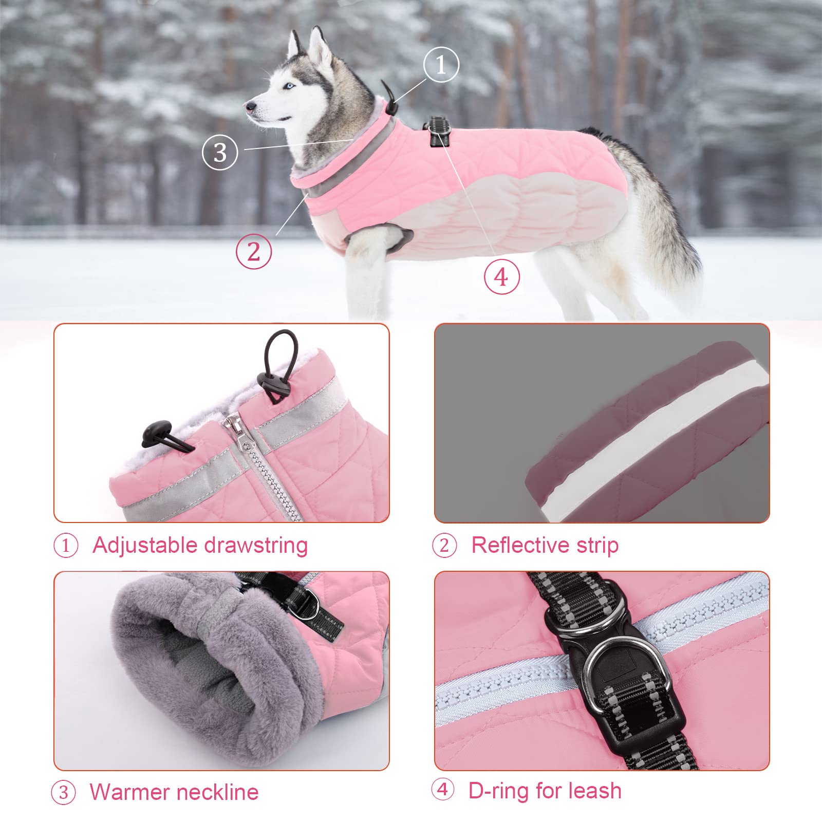 Lelepet Warm Dog Winter Coat Dog Coat Dog Cold Weather Coats Windproof Reflective Turtleneck Fleece Dog Jacket With Harness Thic