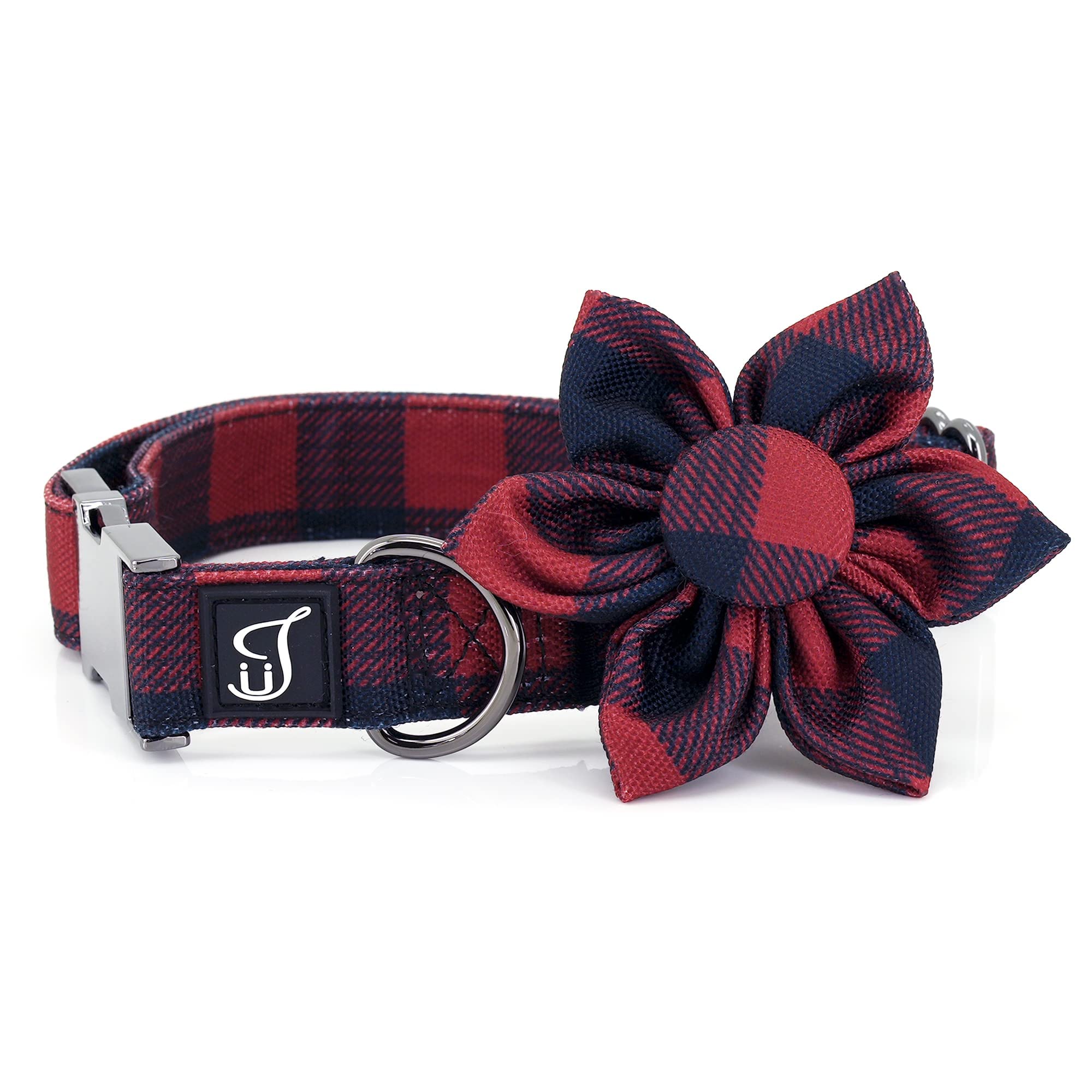 Ultra Joys Girl Dog Collars With Flower - Female Dog Collars With Comfortable Cotton Fabric & Metal Buckle In Buffalo Check Desi