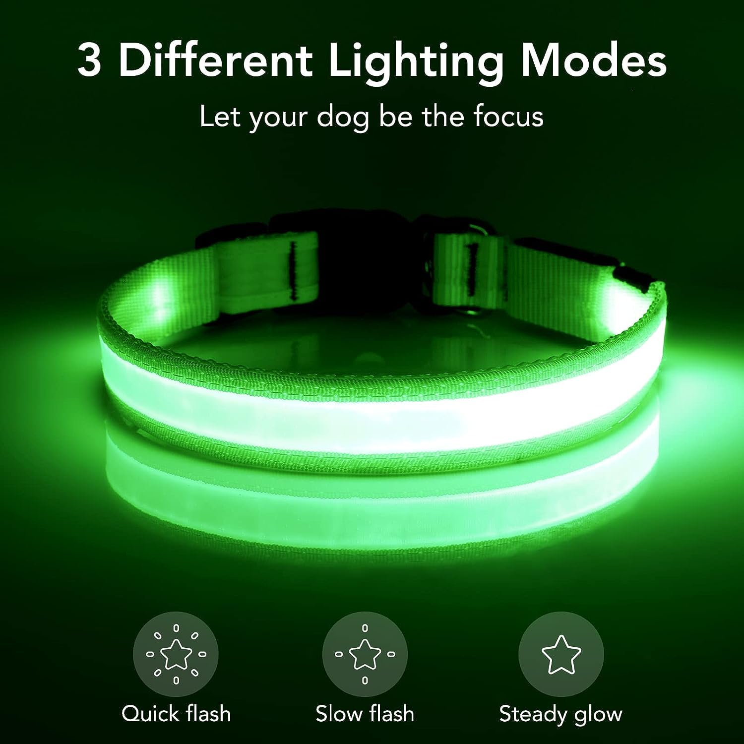 VIZPET LED Dog Collar - USB Rechargeable, 100% Waterproof, Large (18.89-23.62 in), Green, Super Bright Safety Light