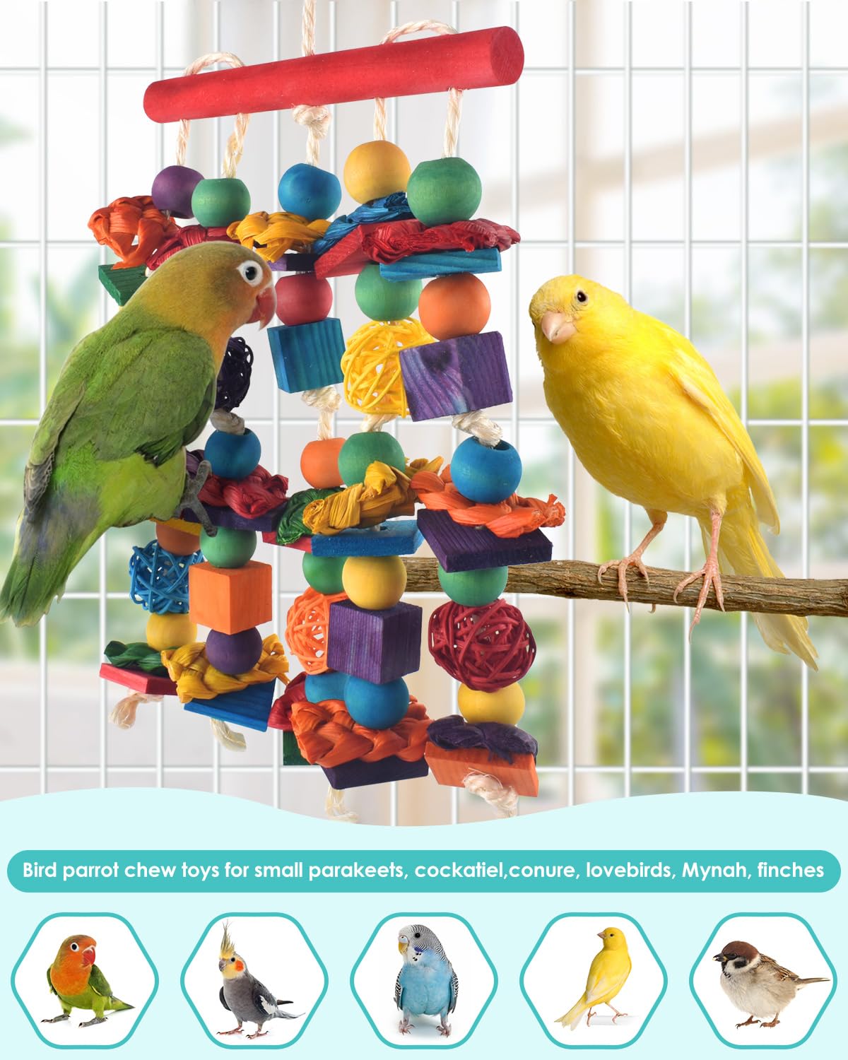 Dbness Bird Toys, 3Pcs Parrot Foraging Hanging Toy, Multicolored Natural Wooden Blocks Parakeet Chewing Toys Mit Rattan Wicker B