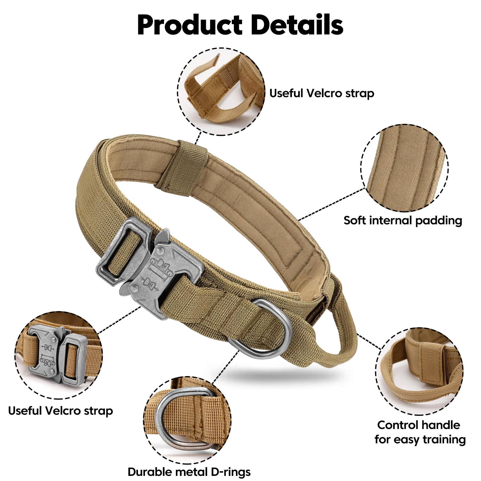 Tactical Military Dog Collar - Adjustable Nylon With Control Handle & Heavy Metal Buckle For Medium & Large Dogs (Xl, Brown) Wit
