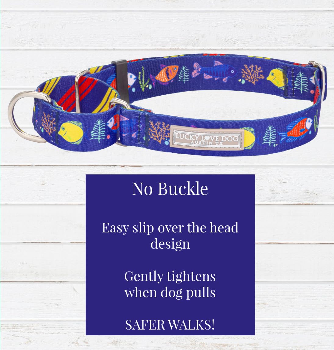 Lucky Love Dog Martingale Collar, Blue Color No Slip Collars For Medium Dogs, Tropical Fish Pattern Martingale Dog Collar, Great