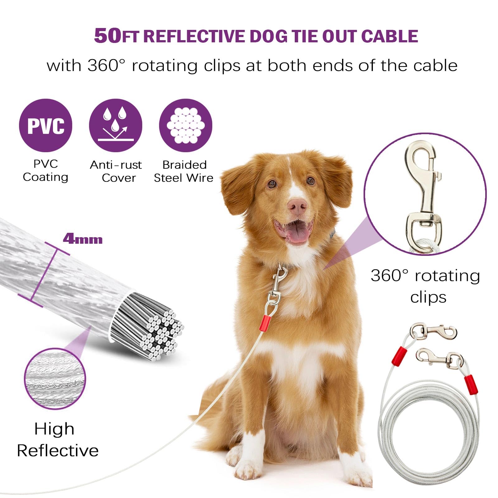 Pestairs 360 Swivel Dog Tie Out Cable and Stake - 50 Ft Dog Yard Leash and Stake Rust Proof for Small Medium Large Dogs - Petfec