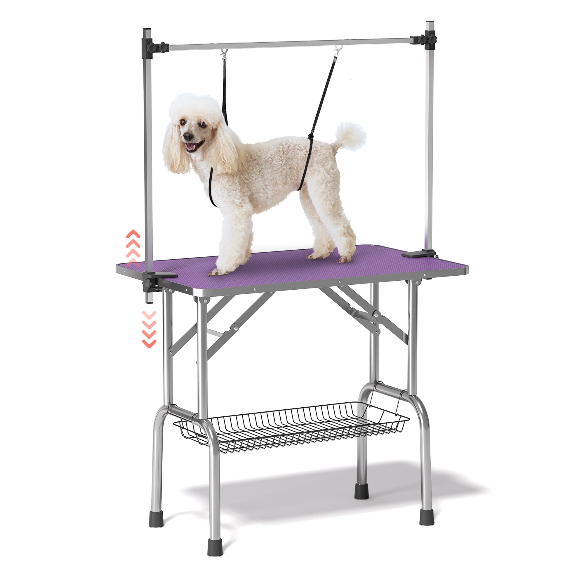 Dog Grooming Table, Adjustable Large Pet Drying Desktop, Foldable Bathing Desk with Arms, Noose, Mesh Tray, Maximum Capacity Up 