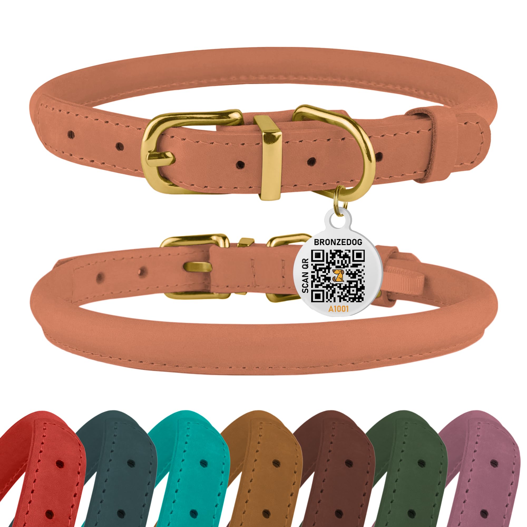 Bronzedog Rolled Leather Dog Collar With Qr Id Tag, Adjustable Soft Round Collars For Small Medium Large Dogs Puppy (19'' - 21''