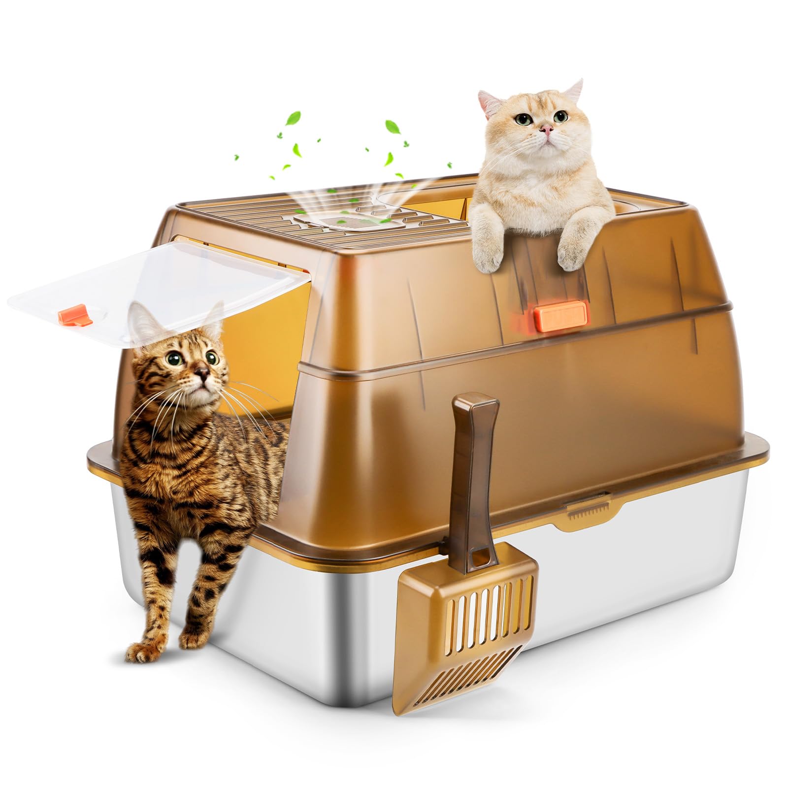 Bartuke Stainless Steel Cat Litter Box With Lid, Extra Large Enclosed Litter Box For Big Cats High Sided Metal With Removable Li