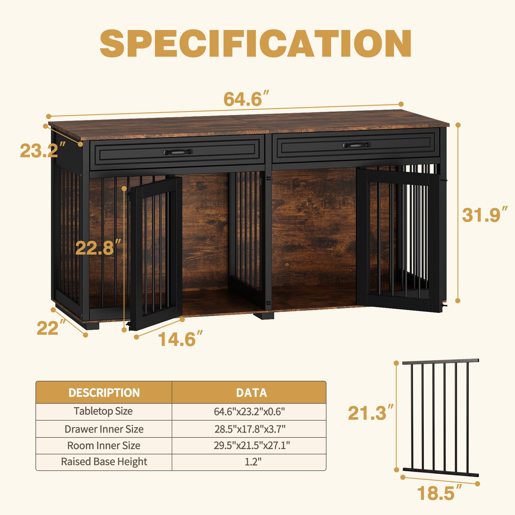 DAWNSPACES Furniture Style Dog Crate Extra Large 93  Heavy Duty Double Rooms Dog Kennel with Drawers & Removable Divider, Indoor