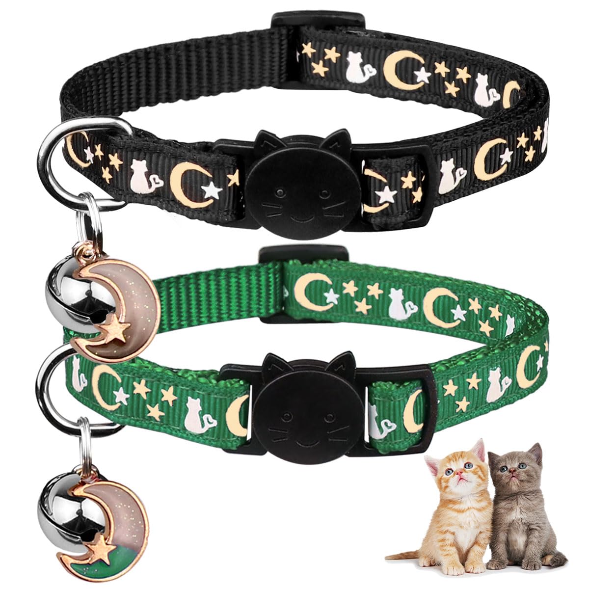 2Pcs Breakaway Cat Collars With Bell Cute Kitty Glow In The Dark Adjustable Kitten Collars(Deep Green&Black)