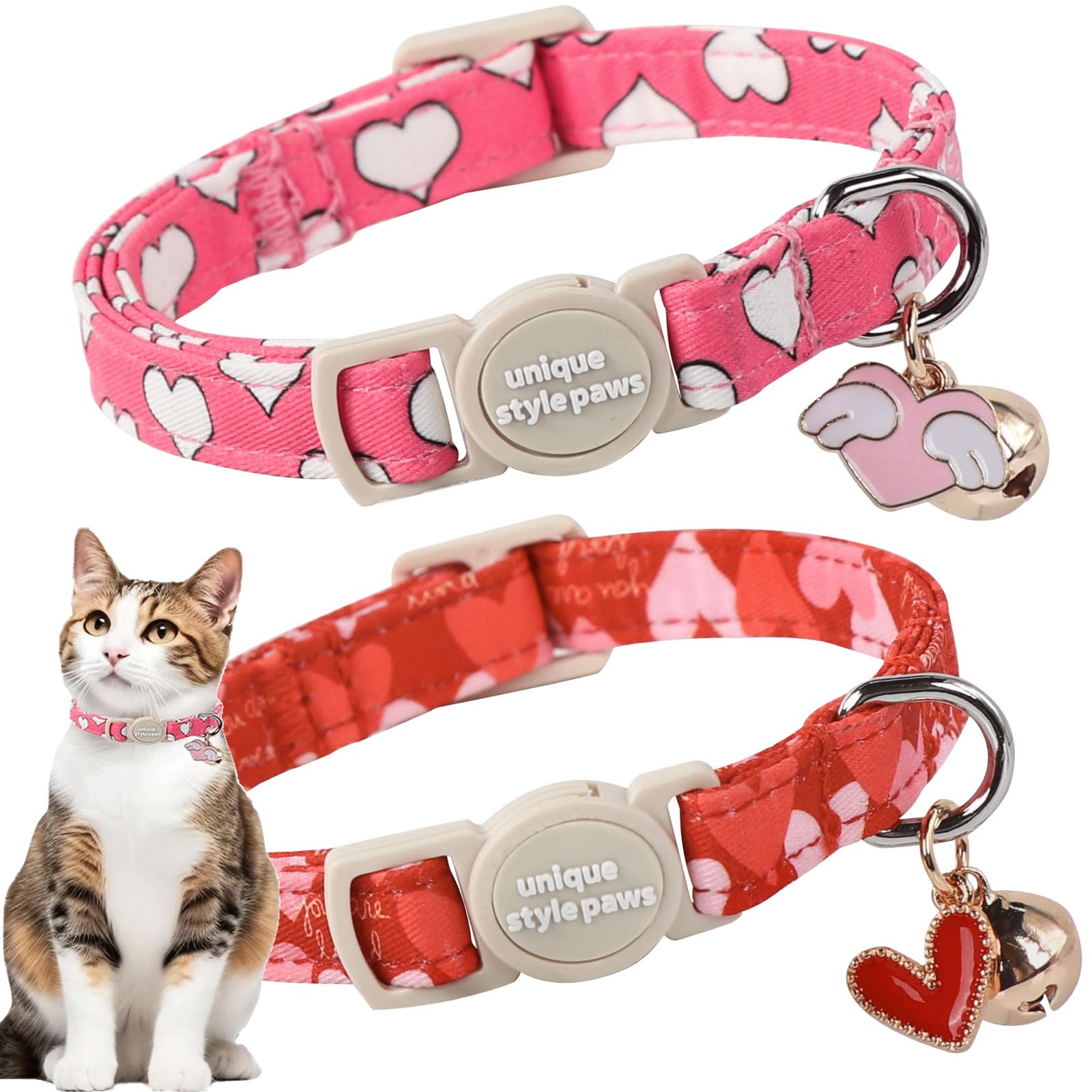 Unique Style Paws 2 Pack Valentine'S Day Kitten Collar Breakaway With Bell&Pendant, Adjustable Safety Red Lip Rainbow Cat Cotton