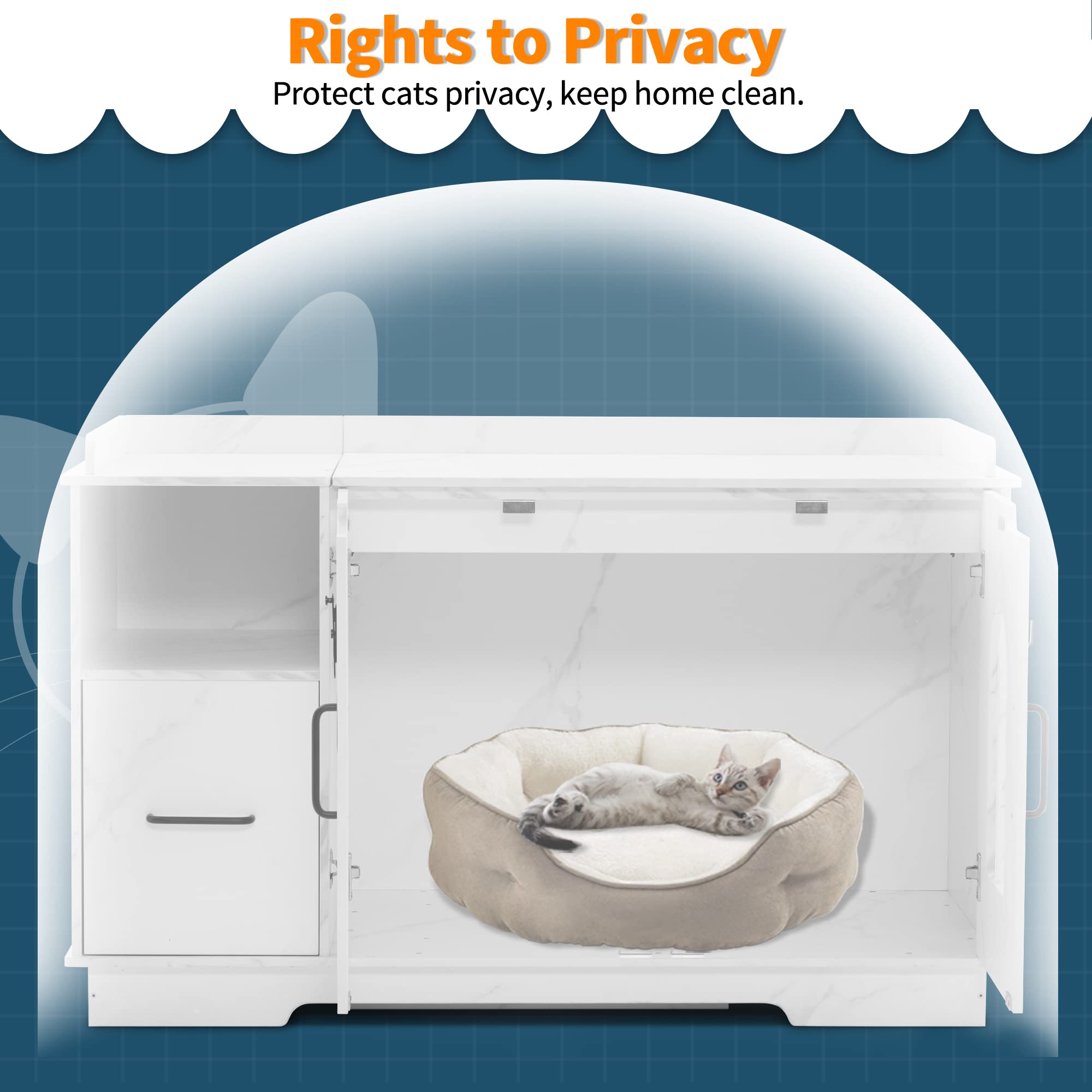 MCombo X-Large Cat Litter Box Furniture, White Engineered Wood Enclosed Cat House with Drawer, Model 6012-CT74DW