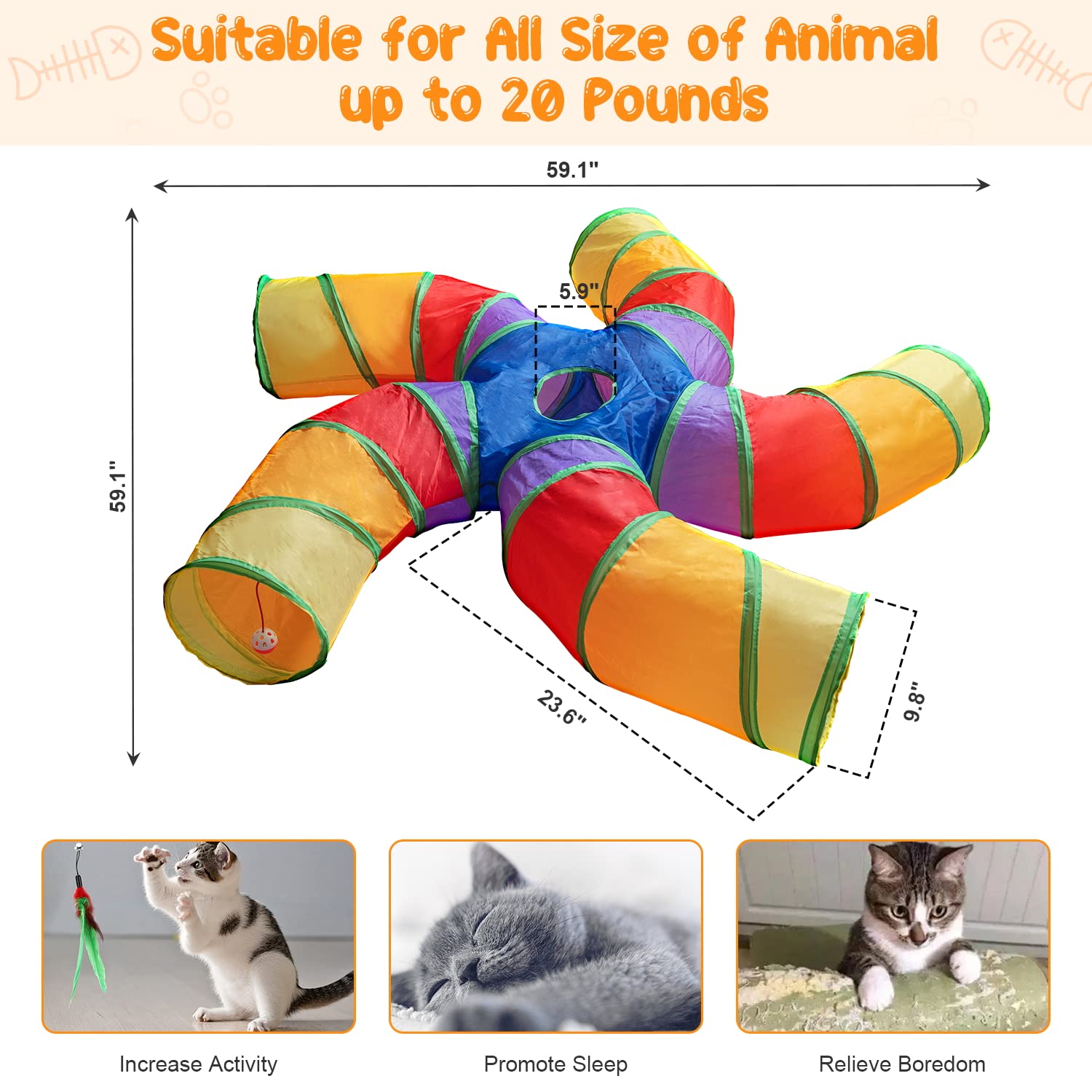 Depets Cat Tunnel for Indoor Cats, 5 Way Large Cat Play Tunnel & Tube with Play Ball, S-Shaped Folded Pet Tube with Interactive