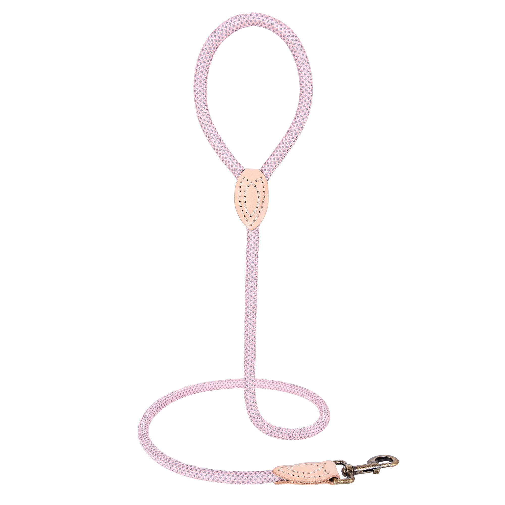 Mile High Life Dog Rope Leash 4 Ft With Genuine Leather Tip, Reflective Rope Leash For Medium Large Dogs (Pink, 48 Inch)