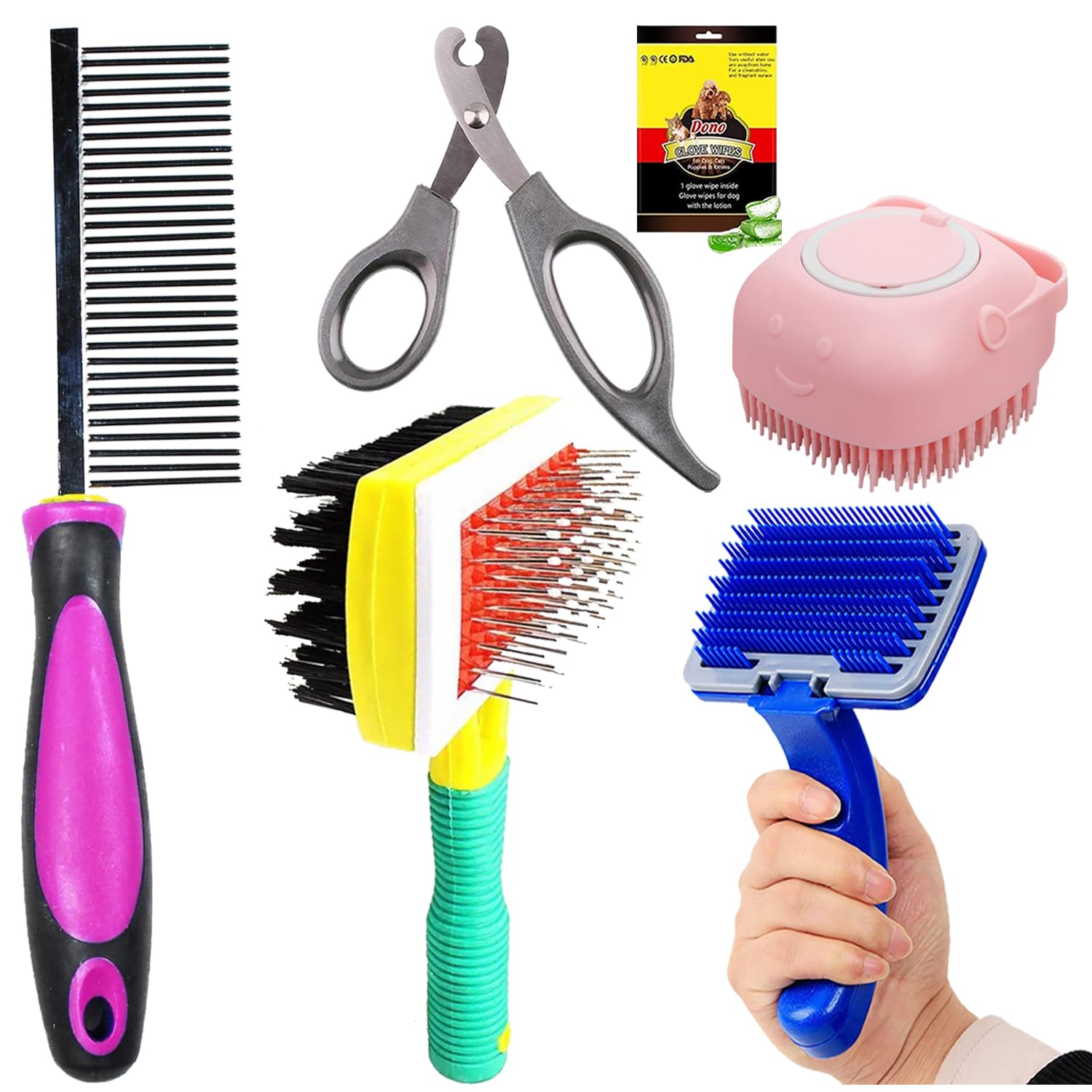 Cature Care By Nature Dog Brush Grooming KitDog Slicker Brush, Bath Brush, Wipes Gloves, Dog Hair Removal Comb, Pet Nail Clippe