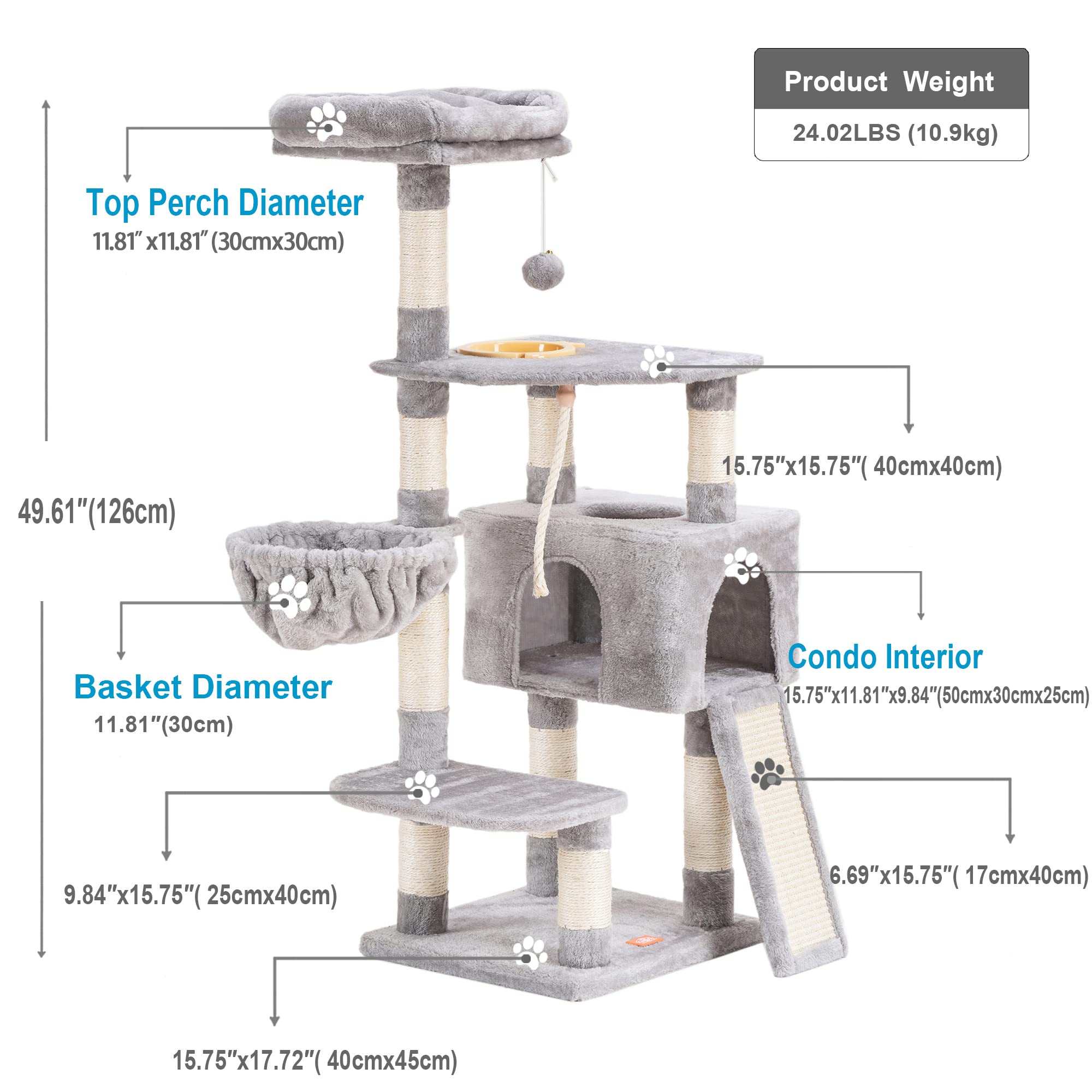 Heybly Cat Tree, Cat Tower For Indoor Cats With Scratching Board, Multi-Level Cat Furniture Condo With Feeding Bowllight Gray Hct010W