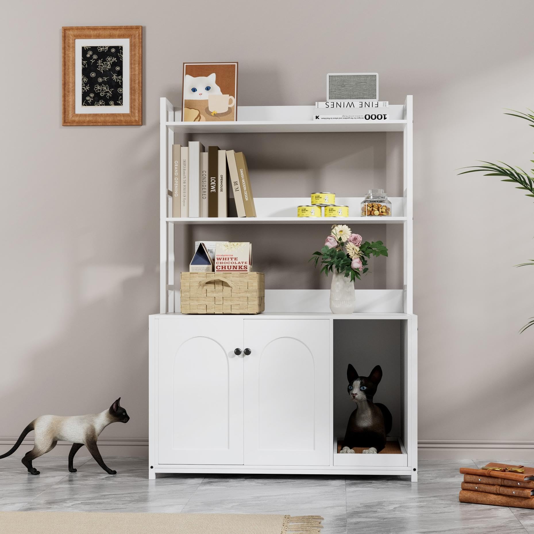 Litter Box Enclosure With 2 Storage Shelves White Hidden Cat Litter Box Furniture With Scratch Pad, Indoor Cat House Kitty Box W