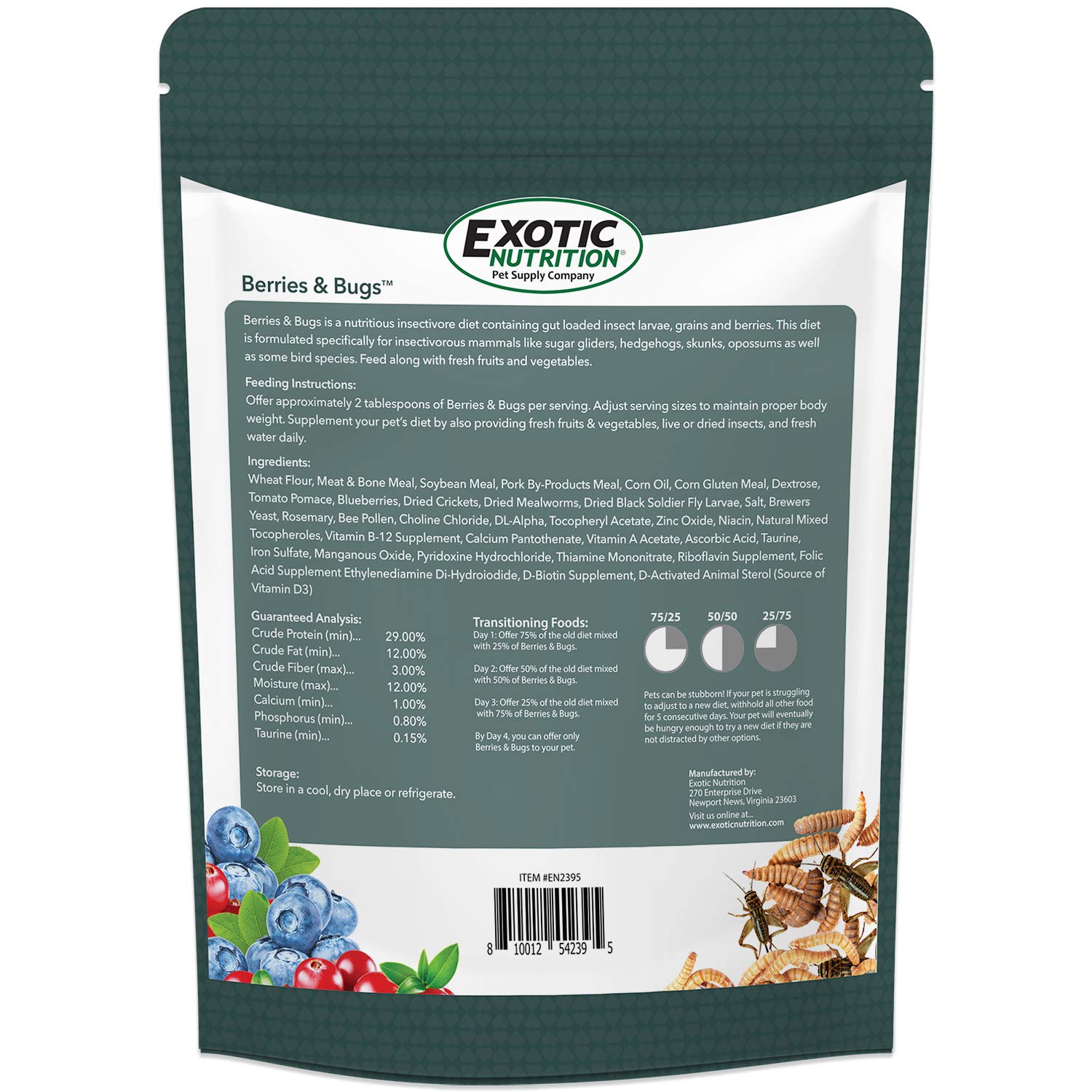 Exotic Nutrition Berries & Bugs - High Protein High Fiber Food for Hedgehogs, Skunks, Opossums, Sugar Gliders, 1.5 lb
