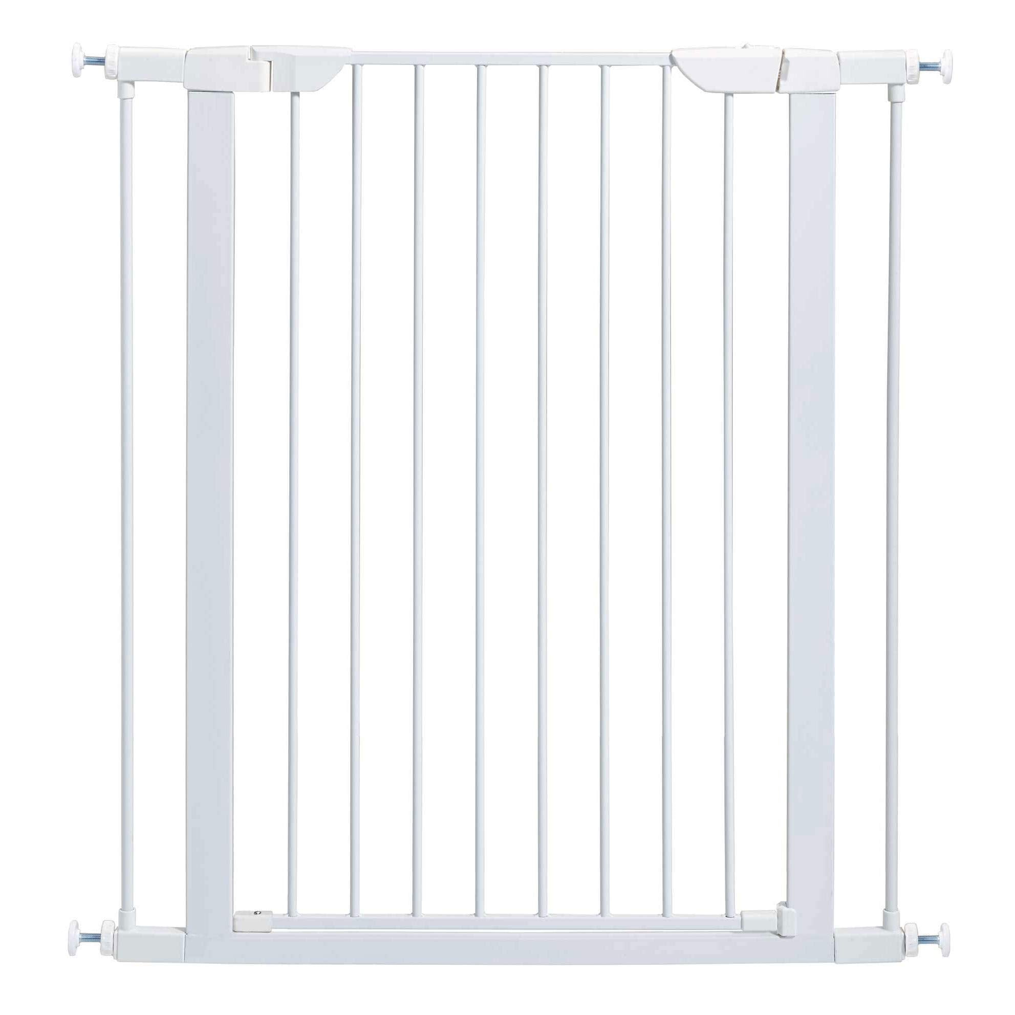 Midwest Homes For Pets 39 Inches Tall Walk-Through Steel Pet Gate, Pressure Mounted Dog Gate Measures 29 - 38 Inches Wide & Includes Two 3-Inch-Wide Extensions, White