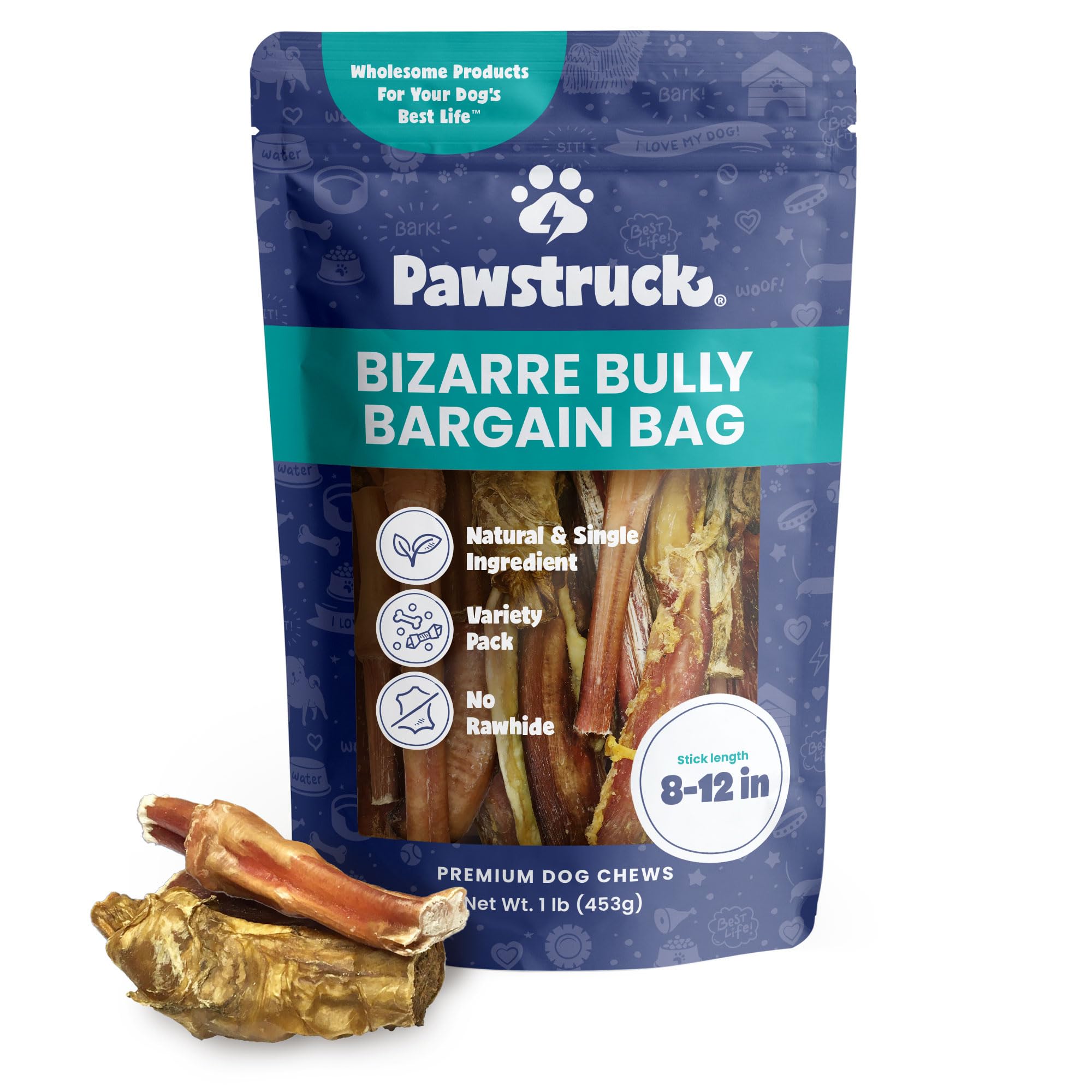 Pawstruck Natural Bizarre Bully Sticks Bargain Bag for Dogs & Puppies - Variety Pack of 8-12 Long Lasting Eco-Conscious Beef Che