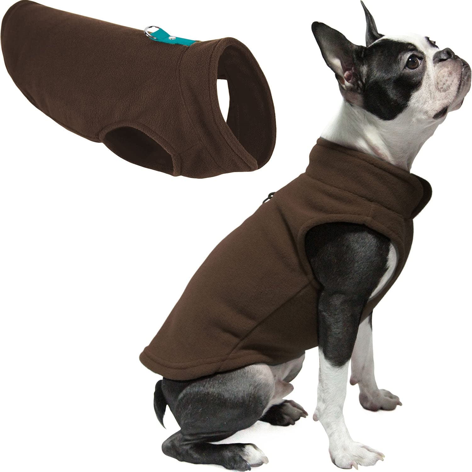 Gooby Fleece Vest Sweater - Brown-Turquoise, Large - Warm Pullover Jacket With O-Ring Leash - Winter Small Dog Coat - Cold Weath