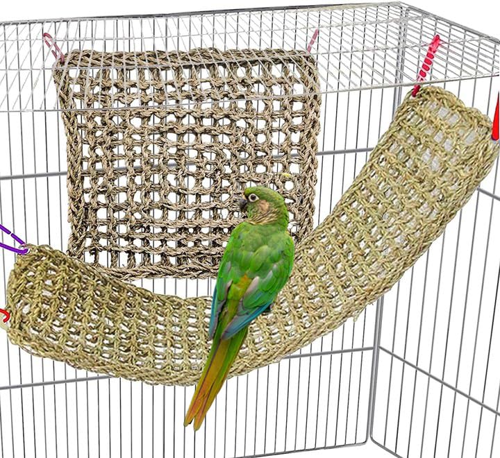 Bird Seagrass Mat,Natural Seagrass Woven Net Bird Foraging Chew Wall Toys Parakeet Hammock Mat With Hooks For Lovebird Cockatiel Conure Budgie,Size 28.3' X 6.7' And 11.81' X 11.81'(2 Pcs)