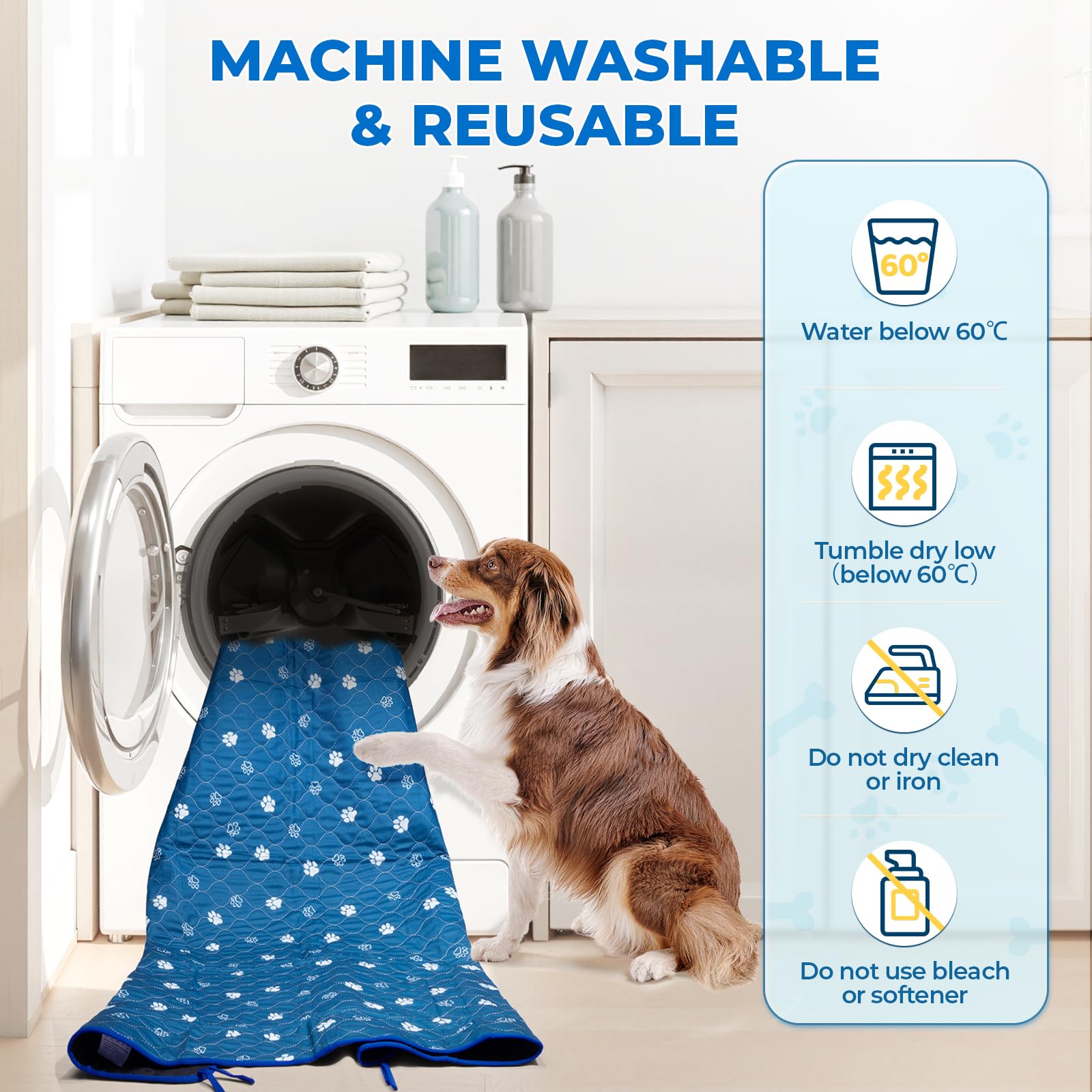 Fostanfly Washable Dog Pee Pads, 36"x48", Blue, Ultra-Absorbent, Leak-Proof, Non-Slip, Reusable, 2 Pack, Model NDG