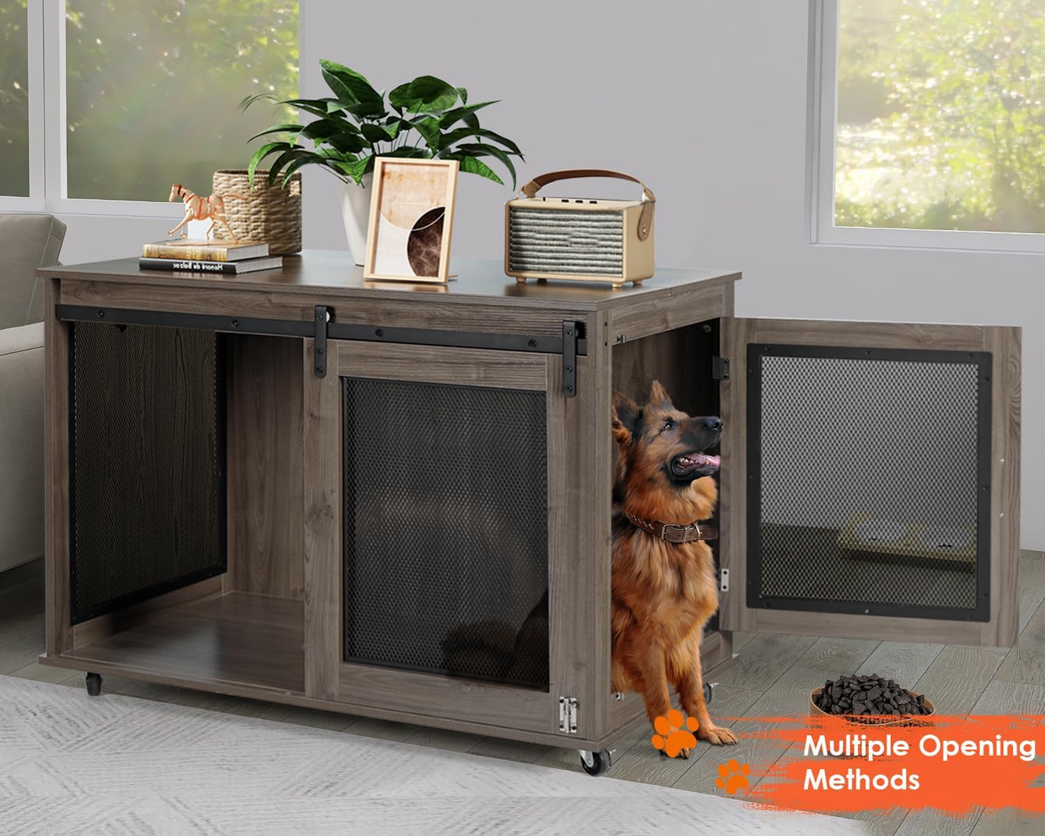 LINLUX 47" XL Dog Crate - Heavy Duty Wooden Kennel, Brown, Engineered Wood, Model BFGLX448GE, with Sliding Doors and Wheels