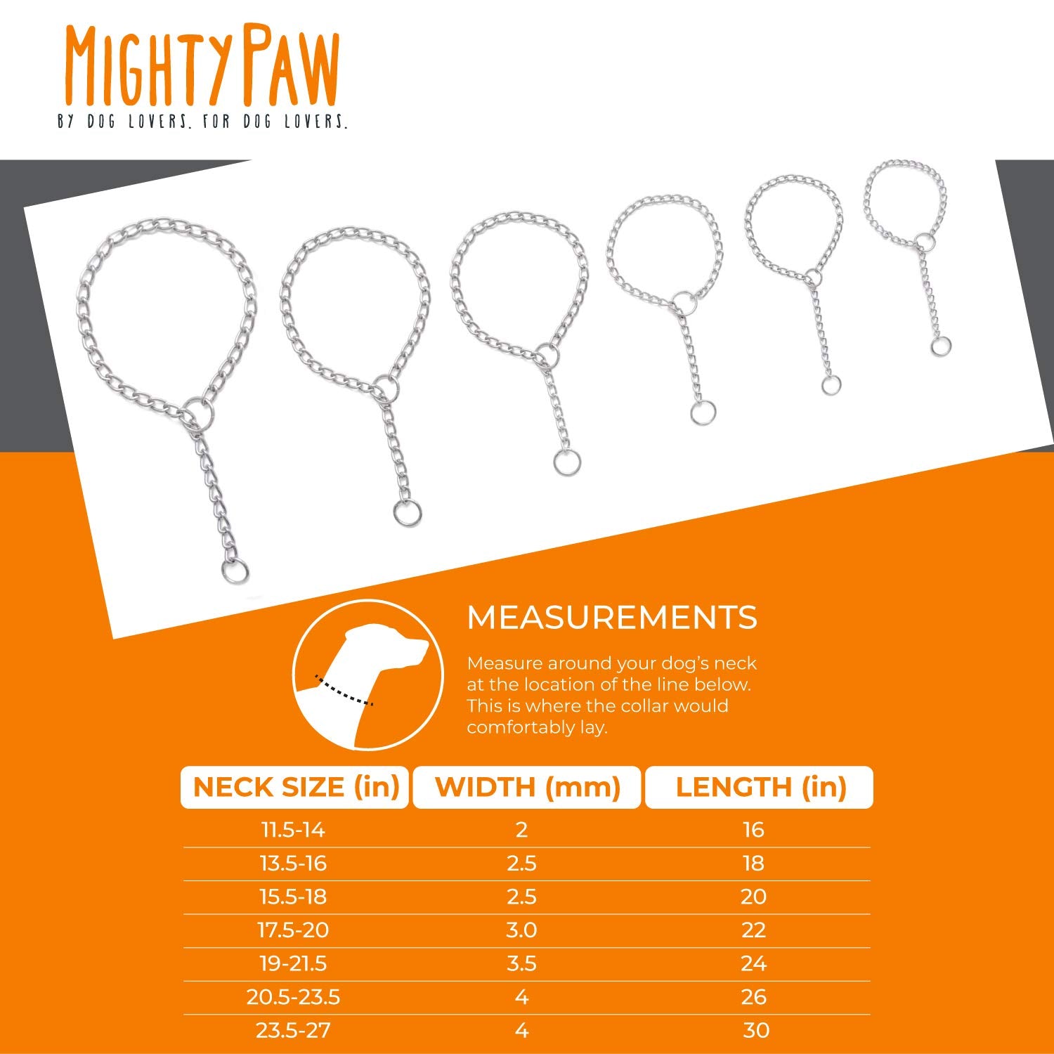 Mighty Paw Slip Collar - Stainless Steel - Weather Resistant - Tarnish Proof - Durable Chain Dog Choke Collars - No Pull Dogs Tr
