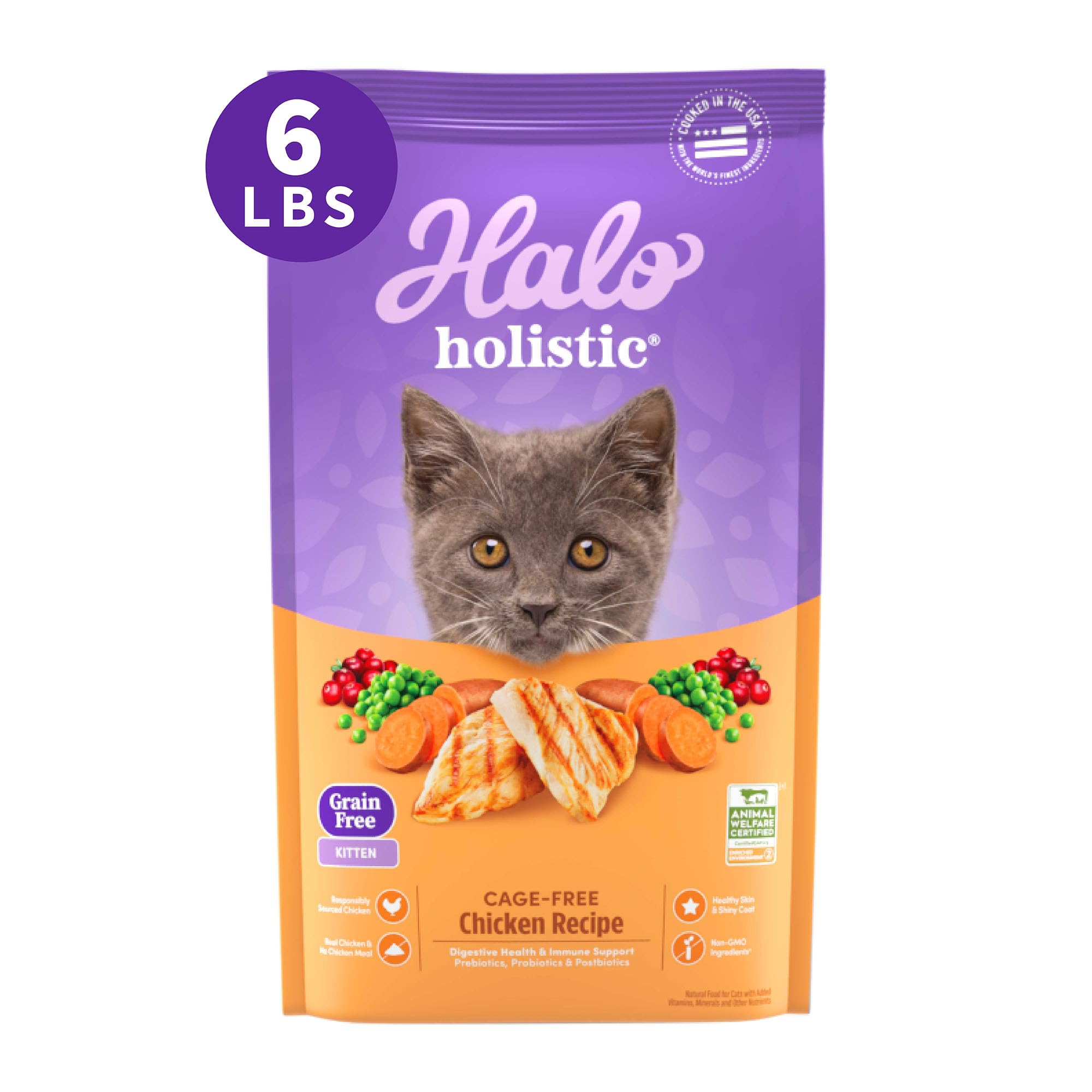 Halo Holistic Kitten Food, Cage Free Chicken Recipe, Grain Free Dry Cat Food, Complete Digestive Health, 6 lb Bag