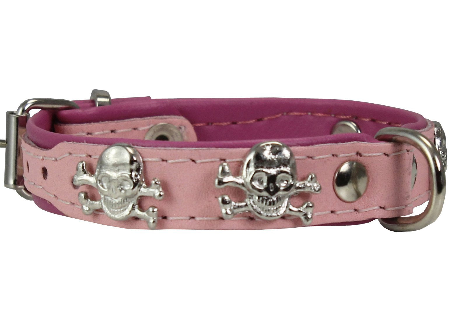Real Leather Skull Studded Padded Dog Collar (6'-7.5' Neck; 1/2' Wide, Pink/Baby-Pink)