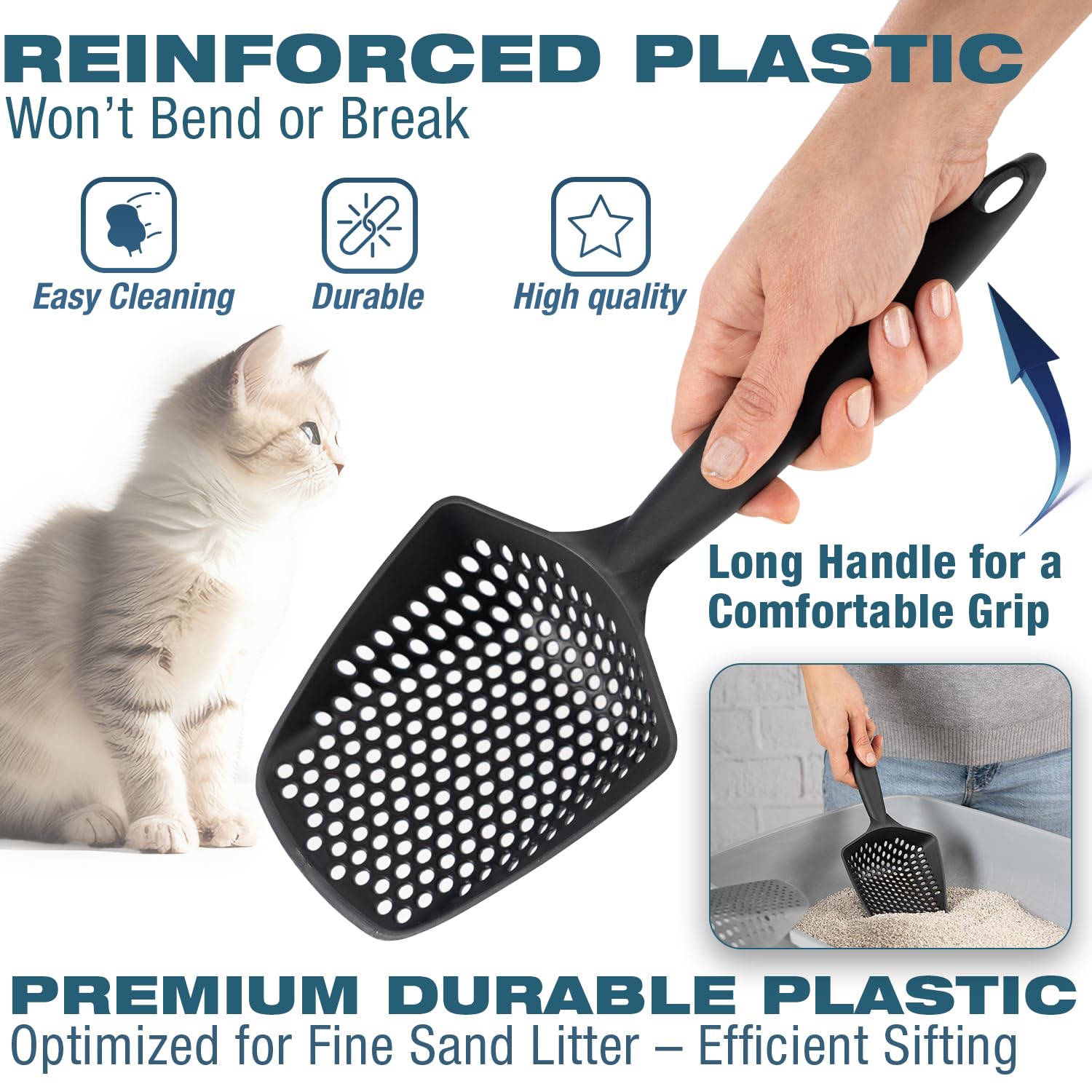 Eynel Set Of 3 Cat Litter Scoop With Small Holes, Deep Sifting Shovel For Fine Litter, Reptile Terrarium Sand & Rabbit Pooper Li