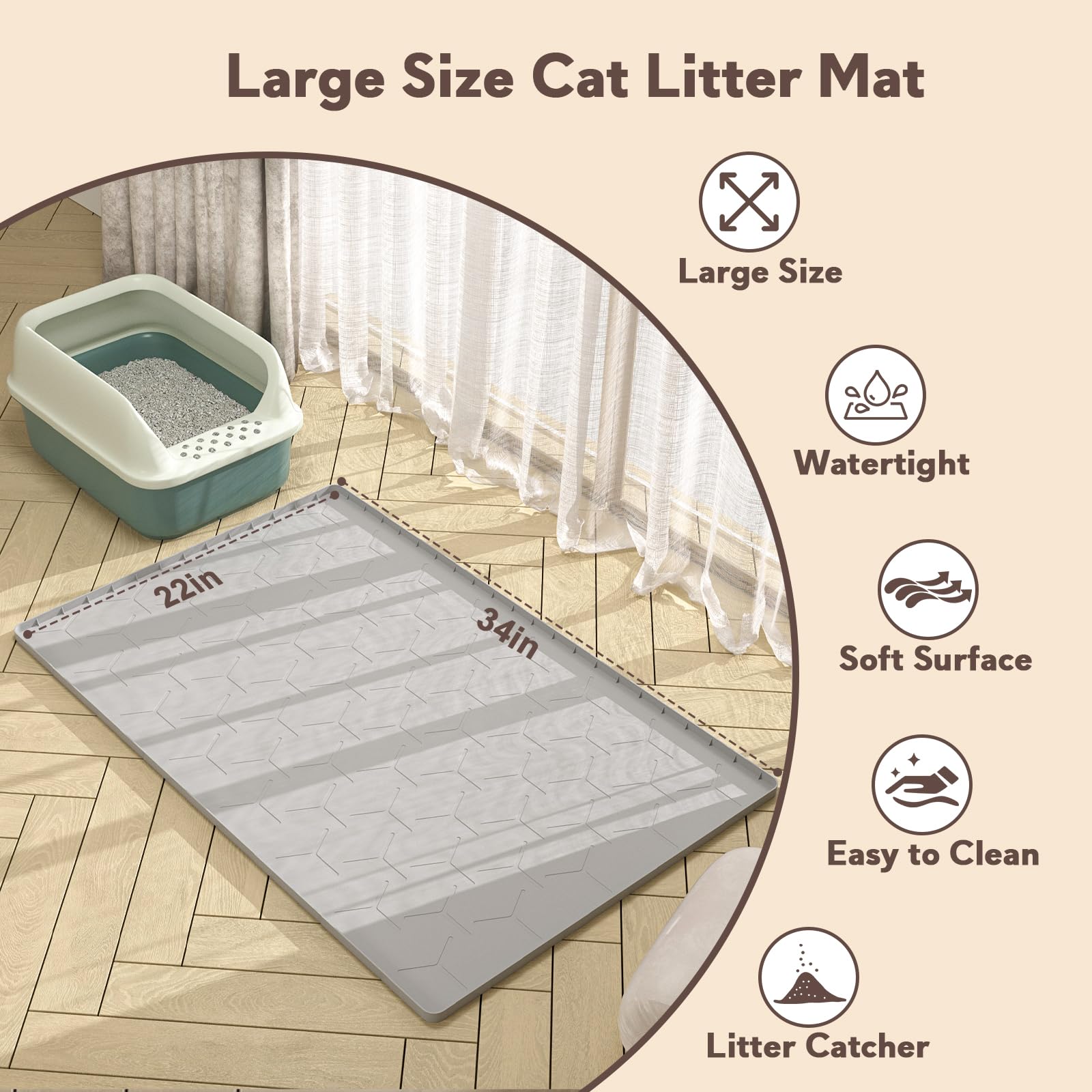 Garoopion Cat Litter Mat, Waterproof Silicone, Large 34" X 22", Gray