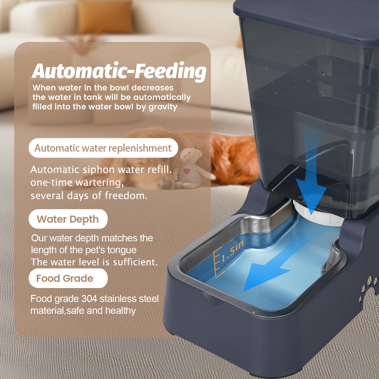 Leefele Automatic 5.4L/1.4Gal Pet Waterer, Automatic Dog Water Dispenser Gravity Stainless Steel Water Feeder, Large Capacity Fe