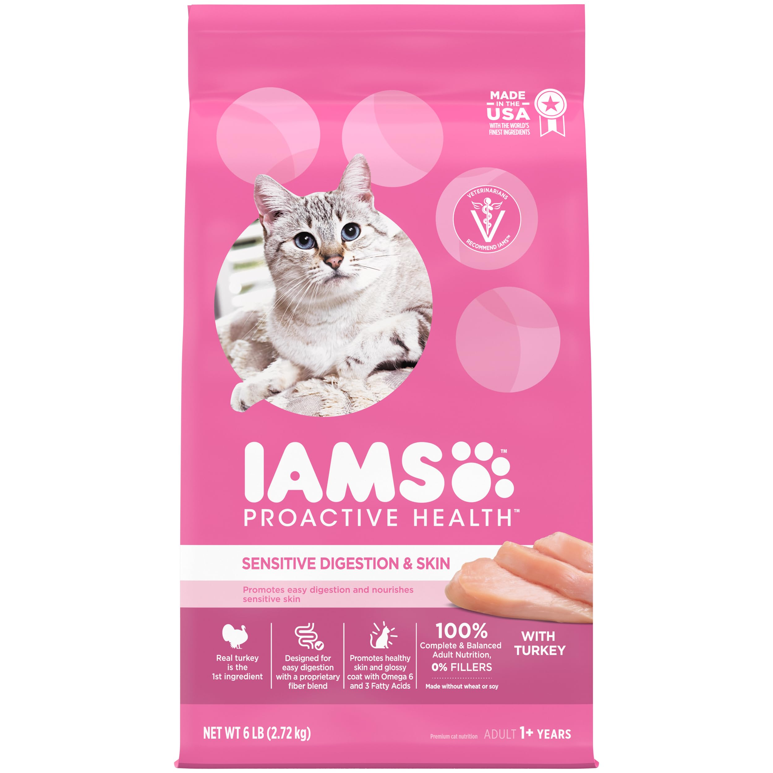 IAMS Proactive Health Adult Sensitive Digestion & Skin Dry Cat Food with Turkey, 6 lb. Bag