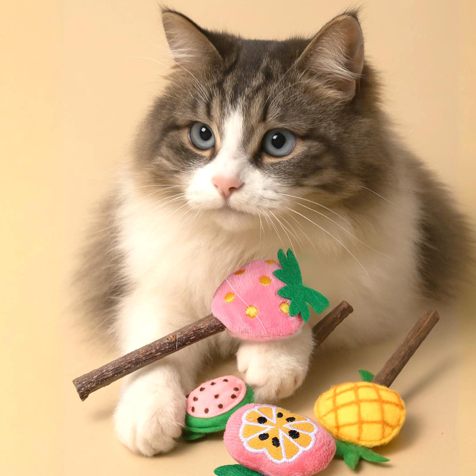 Ptwola Cat Chew Toys - 4 Pcs Silvervine Sticks for Dental Care & Teething, Plush & Wood, Pink Yellow Green, Model 672508_1_TVQh