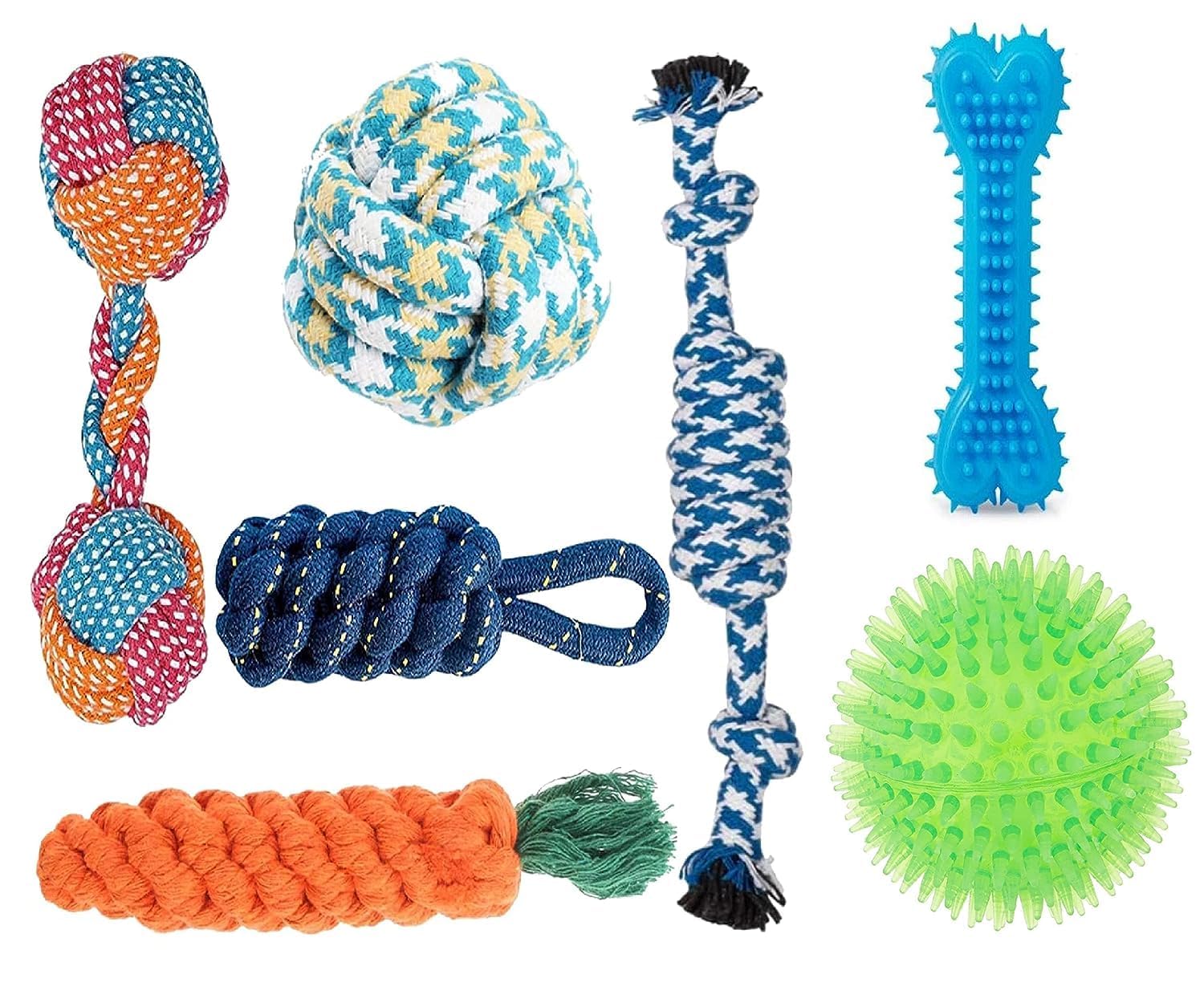 Agirav Dog Rope Toys + Chew Toys, Combo Pack Of 7 (Color May Vary)