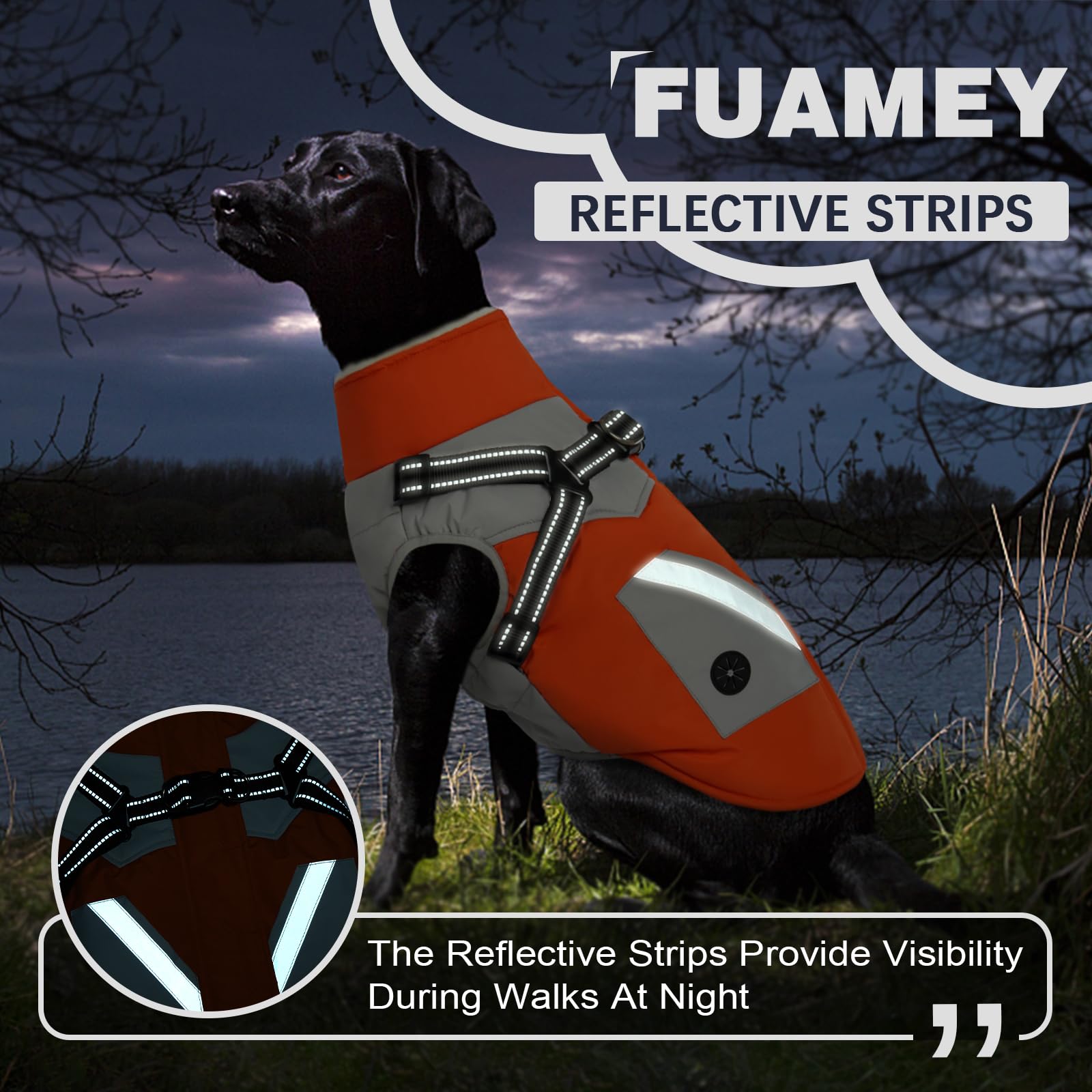 Fuamey Dog Jacket - Waterproof & Reflective Winter Coat With Built-In Harness & Zipper - Medium Orange With Poop Bag Pockets