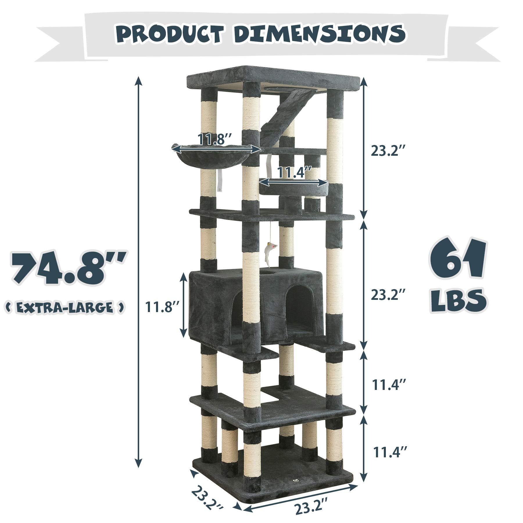 Mwpo 74.8 Inches Large Cat Tree With Sisal-Covered Scratching Posts & Condo, Tall Cat Tower Entertainment Playground Furniture For Cats & Kittens - Multiple Colors-Smoky Gray