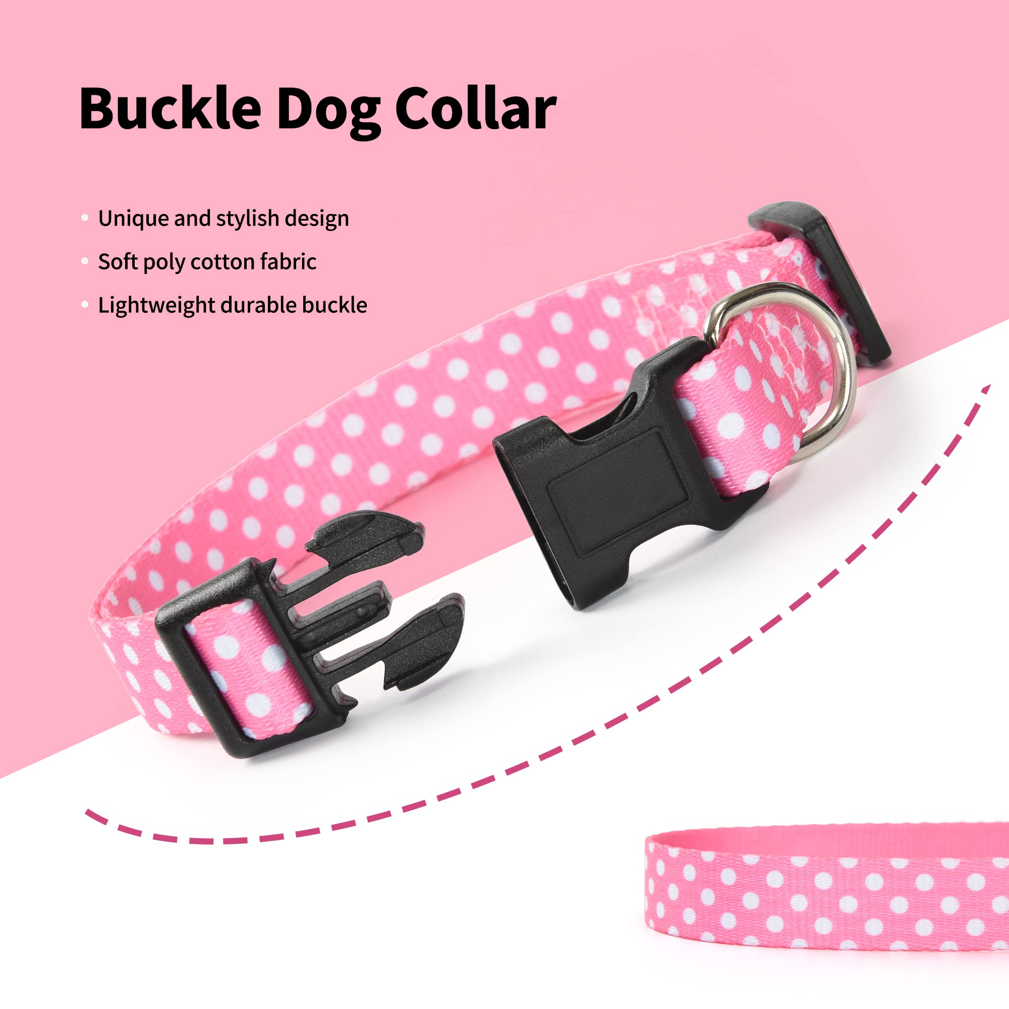 Mile High Life Dog Collar | Cute Puppy Collars | Lightweight Girl Dog Collar | Soft Boy Dog Collars | W Geometric Plaid Wave Line Pattern (Pink Dots, Large)
