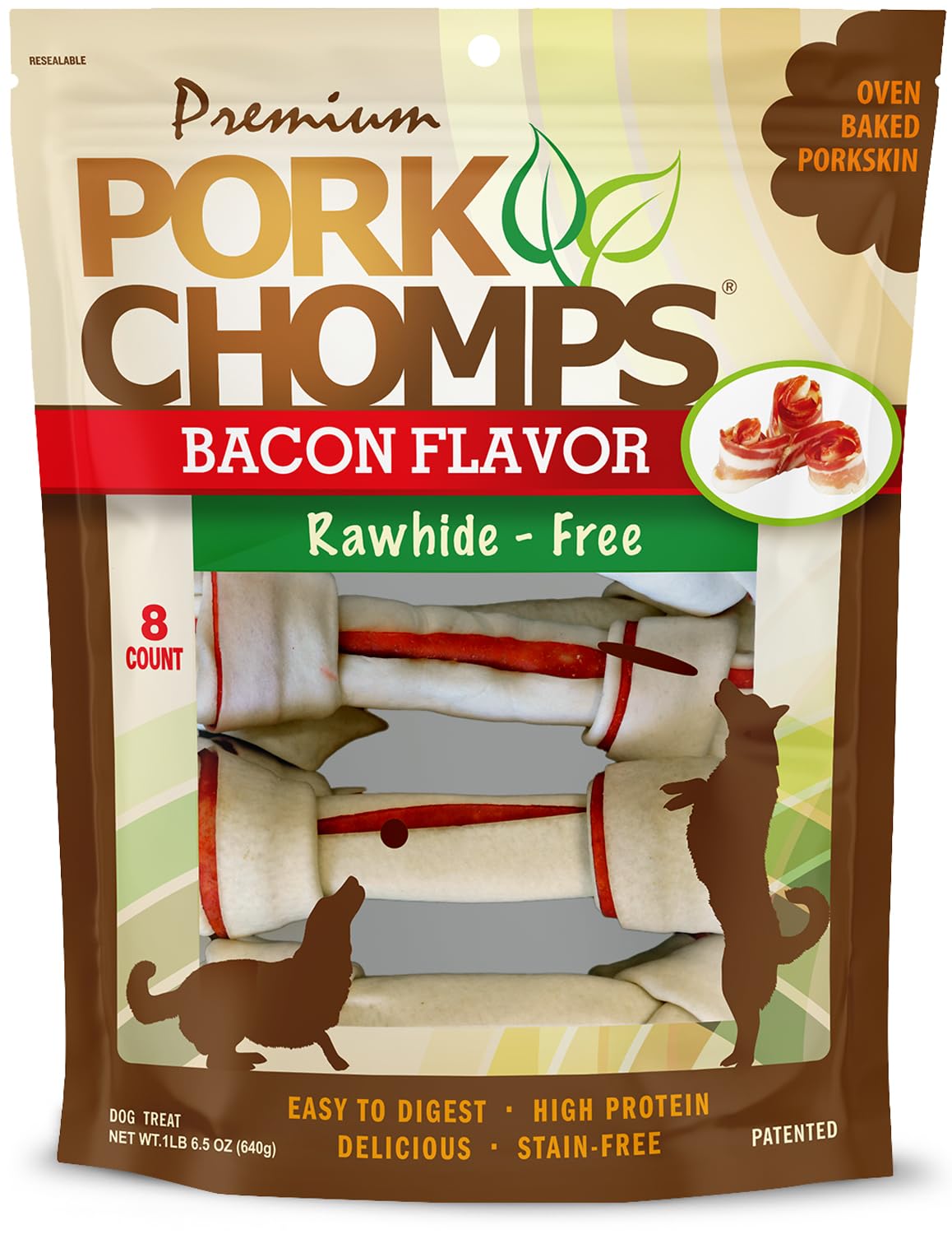 Pork Chomps Baked Pork Skin Dog Chews, 6-inch Knots, Bacon Flavor Strip, 8 Count