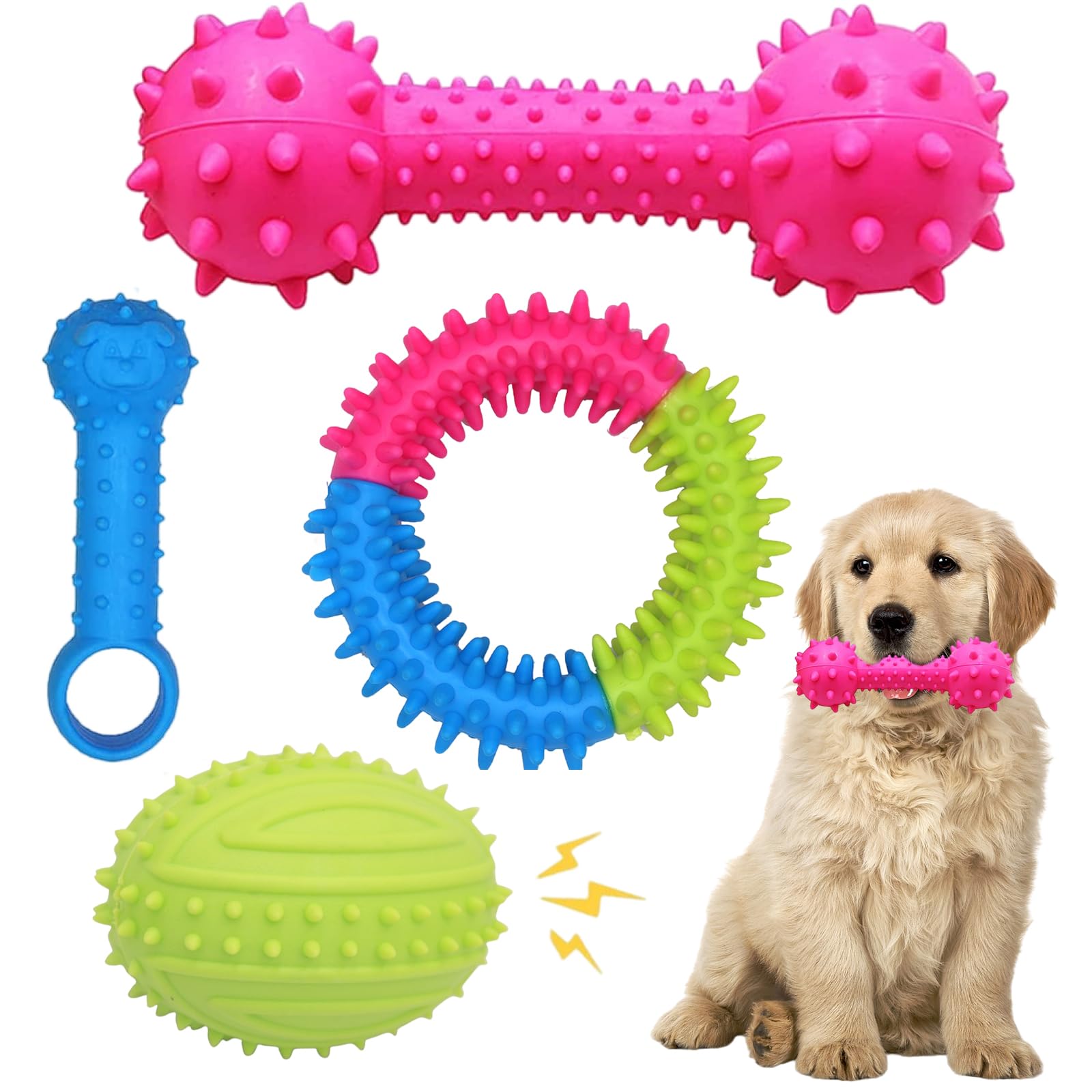 Dog Trust Natural Rubber Hard Spiked Combo Pack Of Rubber Ball, Dumbbell And Ring Chew Toy Set Ideal For Chewing And Playing Dog