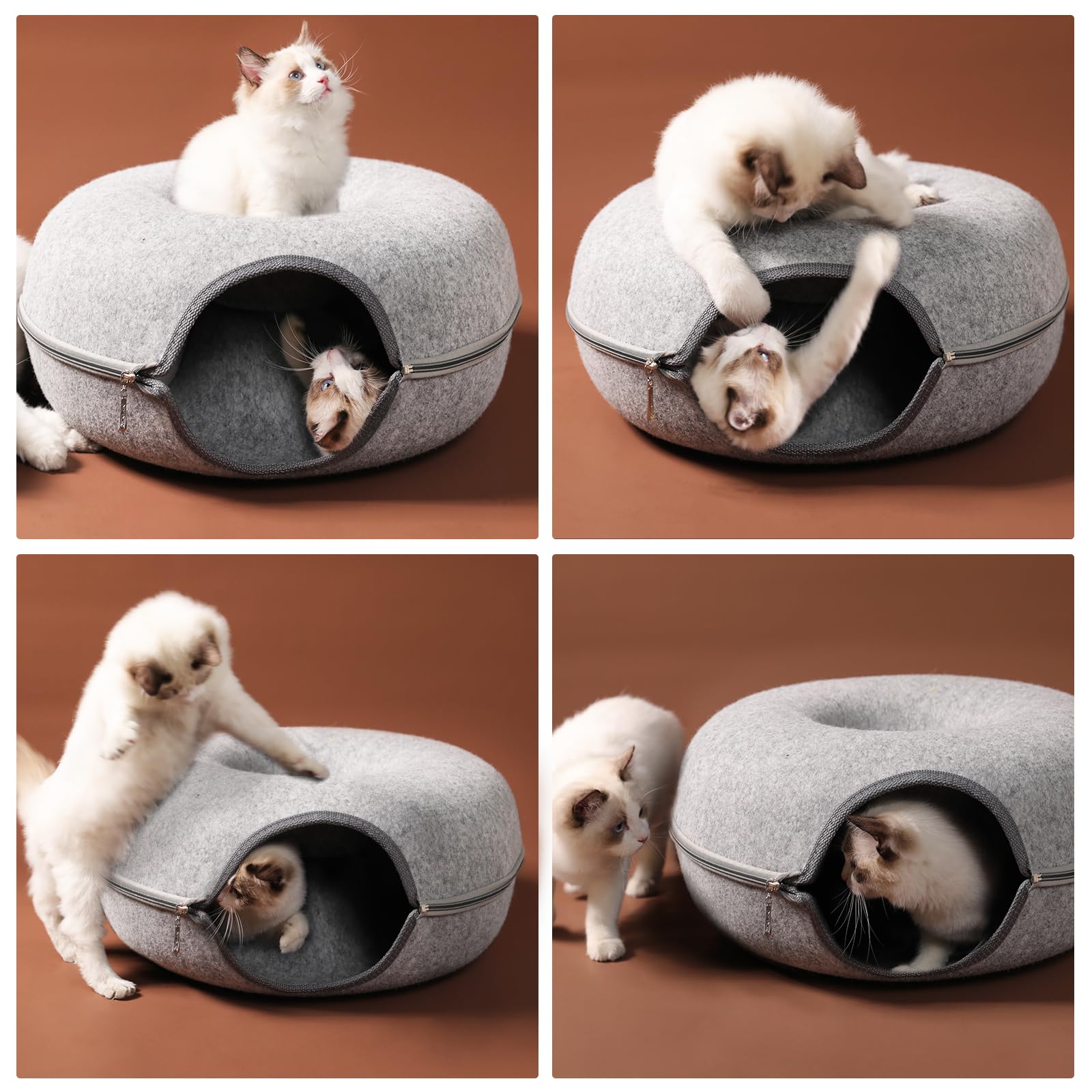 Bininl Cat Tunnel,Peekaboo Cave Bed For Indoor Cats,Donut Tunnel For Pet Cat House,Detachable Round Felt & Washable Interior Cat